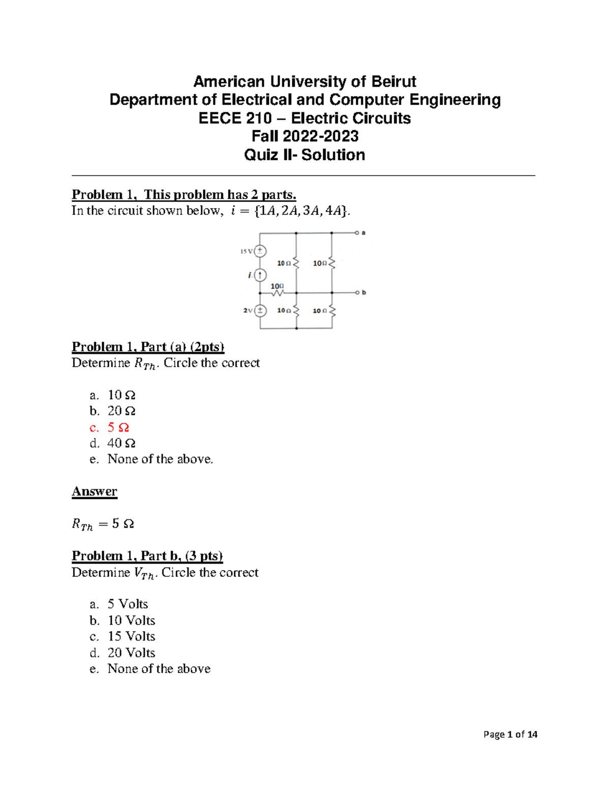 EECE 210 - Fall 2022-2023 - Quiz II - Solution - American University of ...