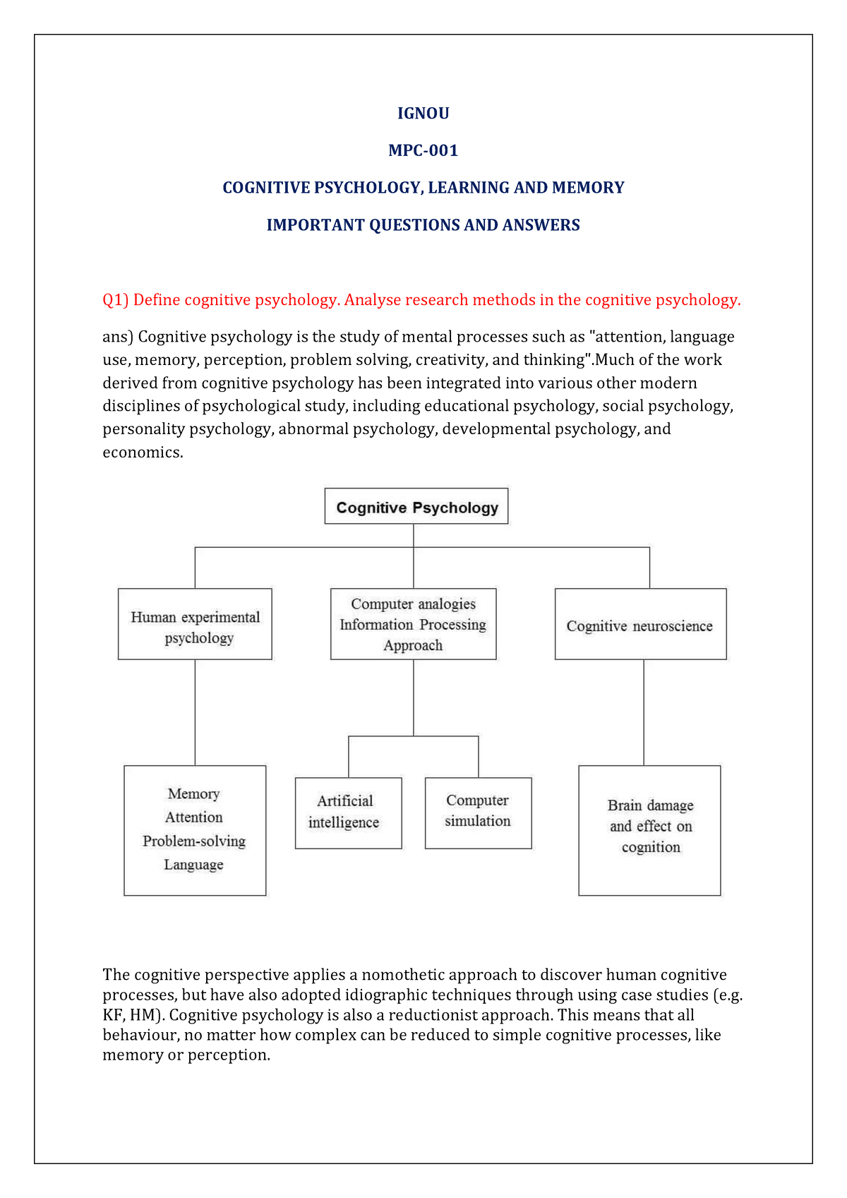 MPC-001 IMP - Importants - IGNOU MPC- COGNITIVE PSYCHOLOGY, LEARNING ...