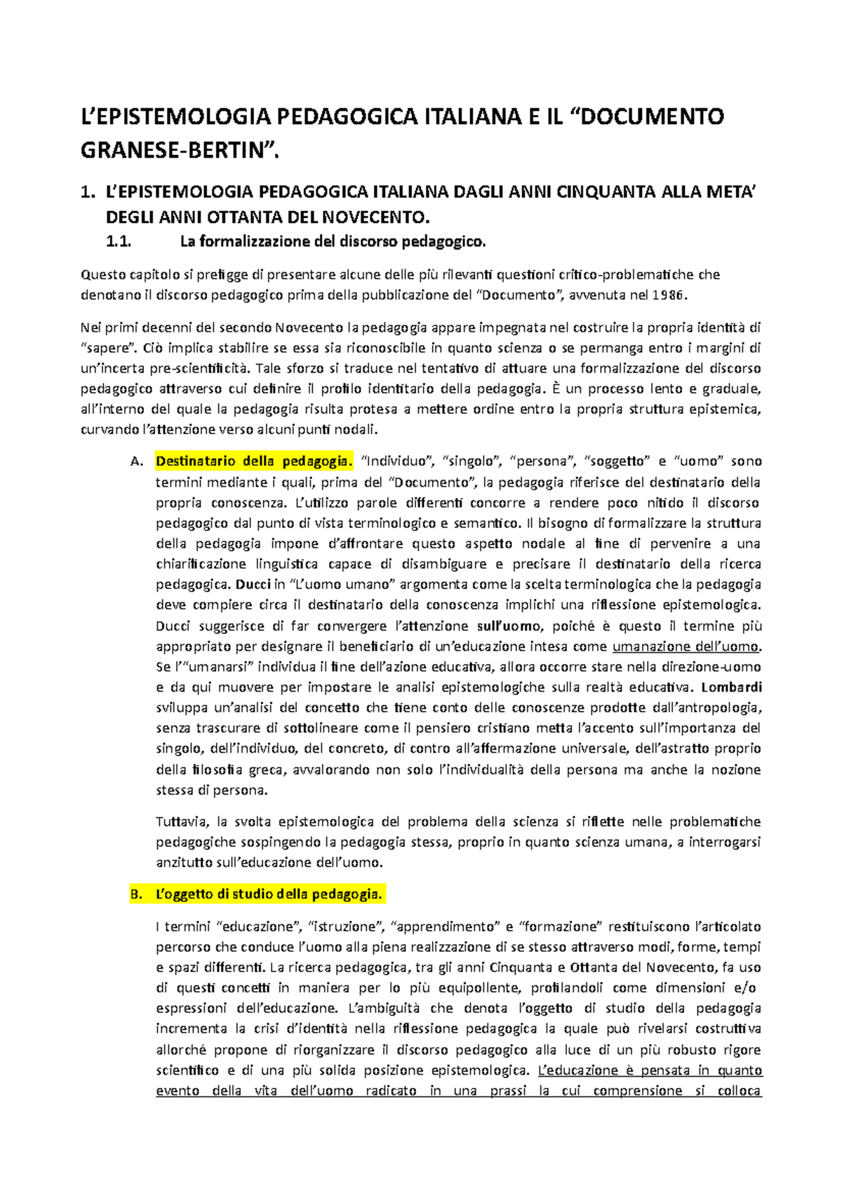 Cap 1 E 2 Riassunto L' Epistemologia Pedagogica Italiana - L ...