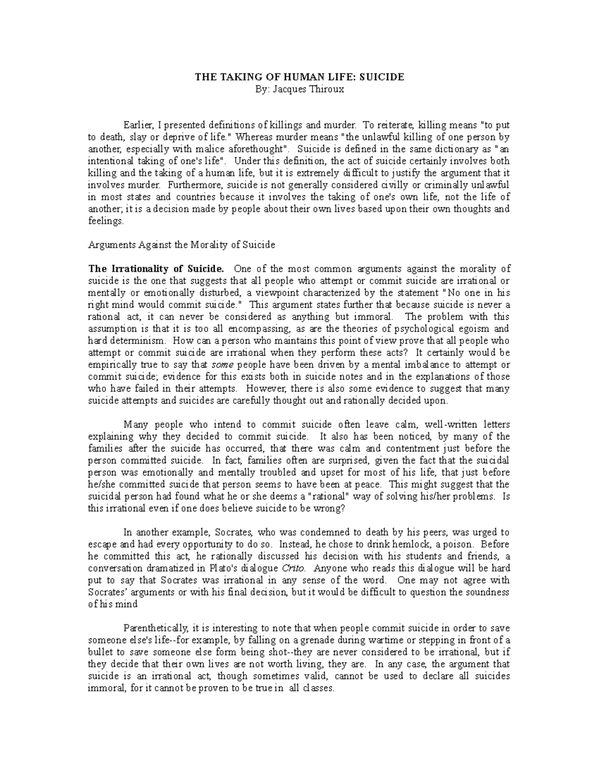 3 THE Taking OF Human LIFE - THE TAKING OF HUMAN LIFE: SUICIDE By ...