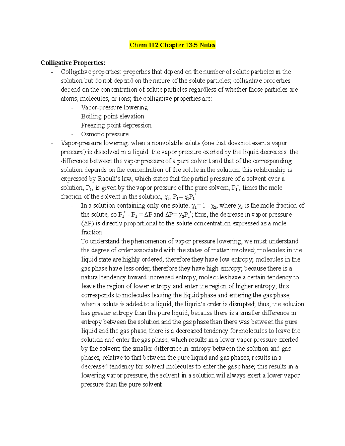 Chem chapter 13 - Chem 112 Chapter 13 Notes Colligative Properties ...