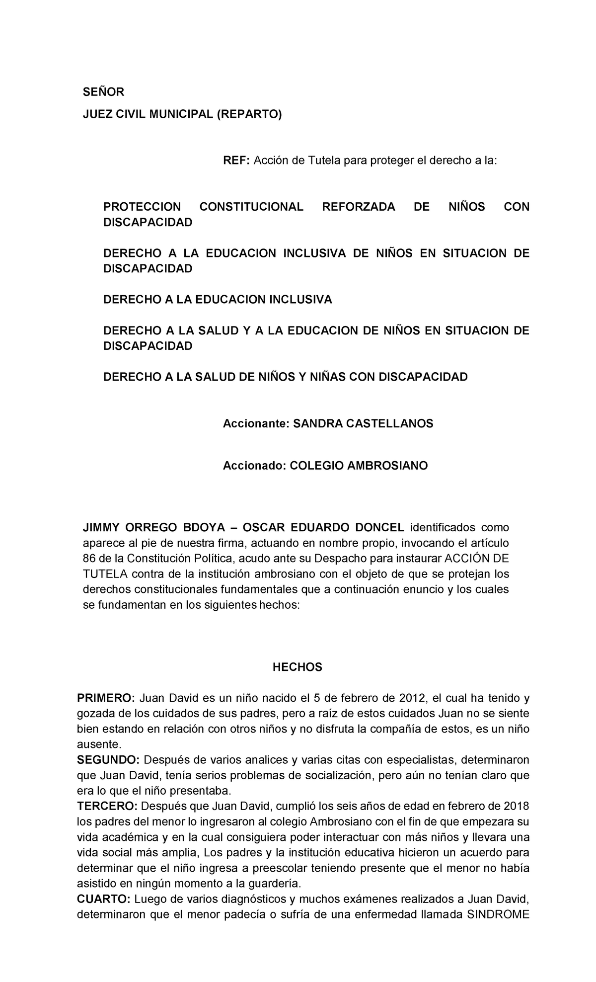 modelo Accion DE Tutela - SEÑOR JUEZ CIVIL MUNICIPAL (REPARTO) REF ...