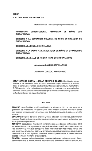 modelo Accion DE Tutela - SEÑOR JUEZ CIVIL MUNICIPAL (REPARTO) REF: Acción  de Tutela para proteger - Studocu