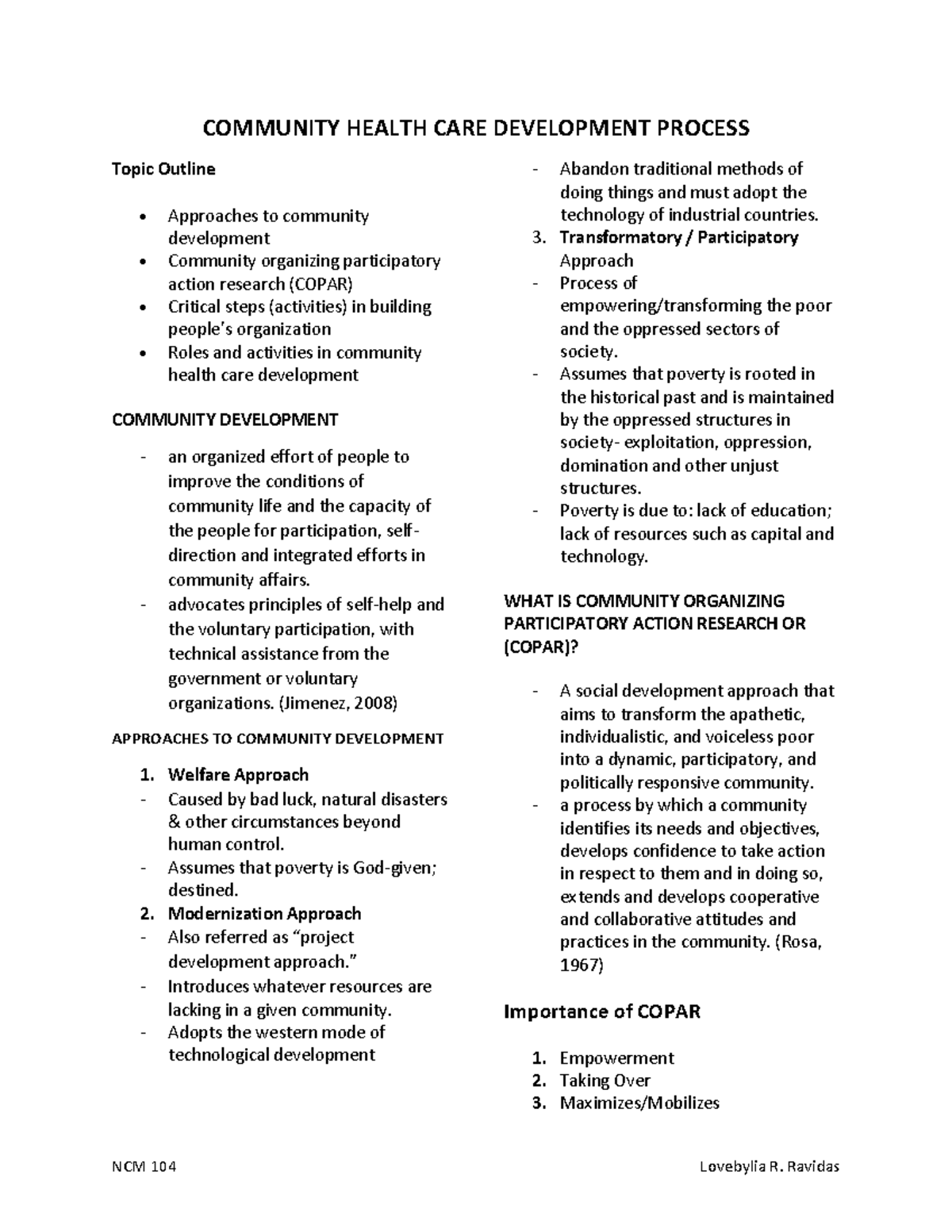 Copar Summary - COMMUNITY HEALTH CARE DEVELOPMENT PROCESS Topic Outline ...