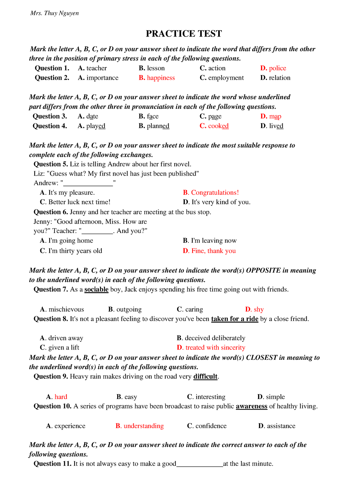 HW B5 8 - Hay - PRACTICE TEST Mark The Letter A, B, C, Or D On Your ...