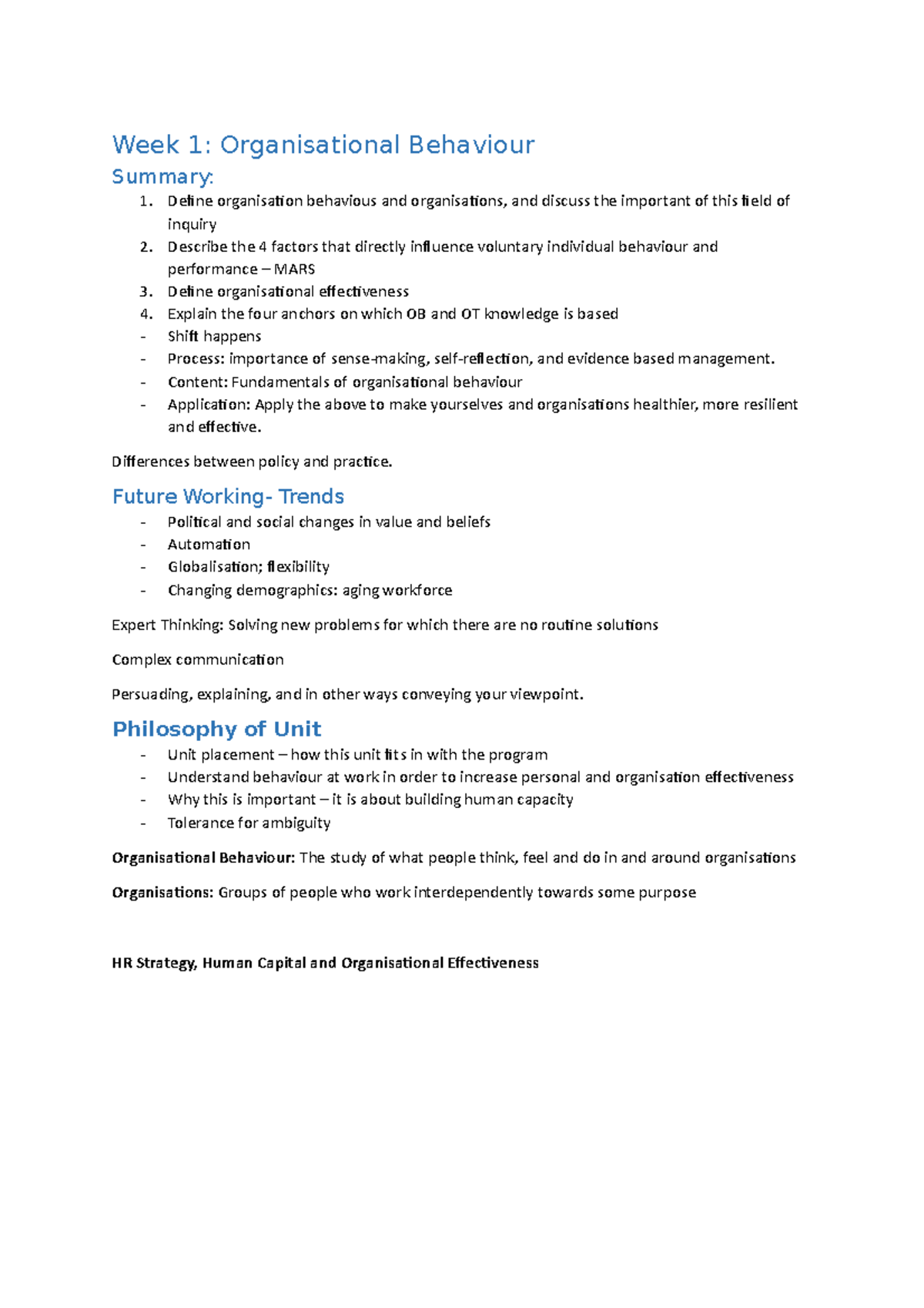 MGB200-Lecture Notes - Week 1: Organisational Behaviour Summary: 1 ...