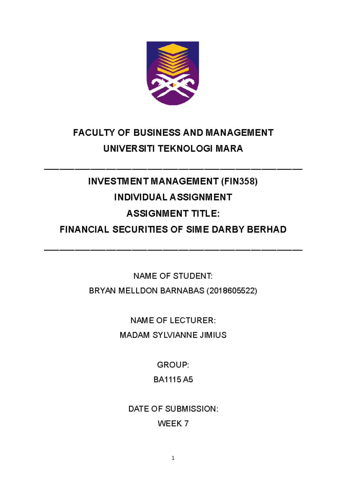 FIn 356 Individual Assignment - FACULTY OF BUSINESS AND MANAGEMENT ...