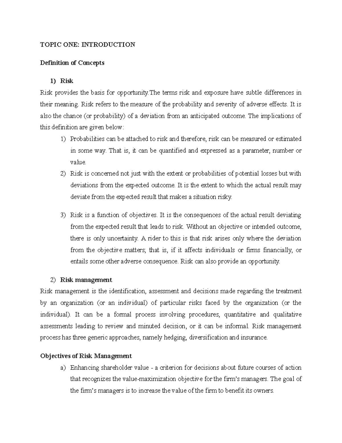 Topic I - Copy - NOTES ON FINANCIAL RISK MANAGEMENT - TOPIC ONE ...