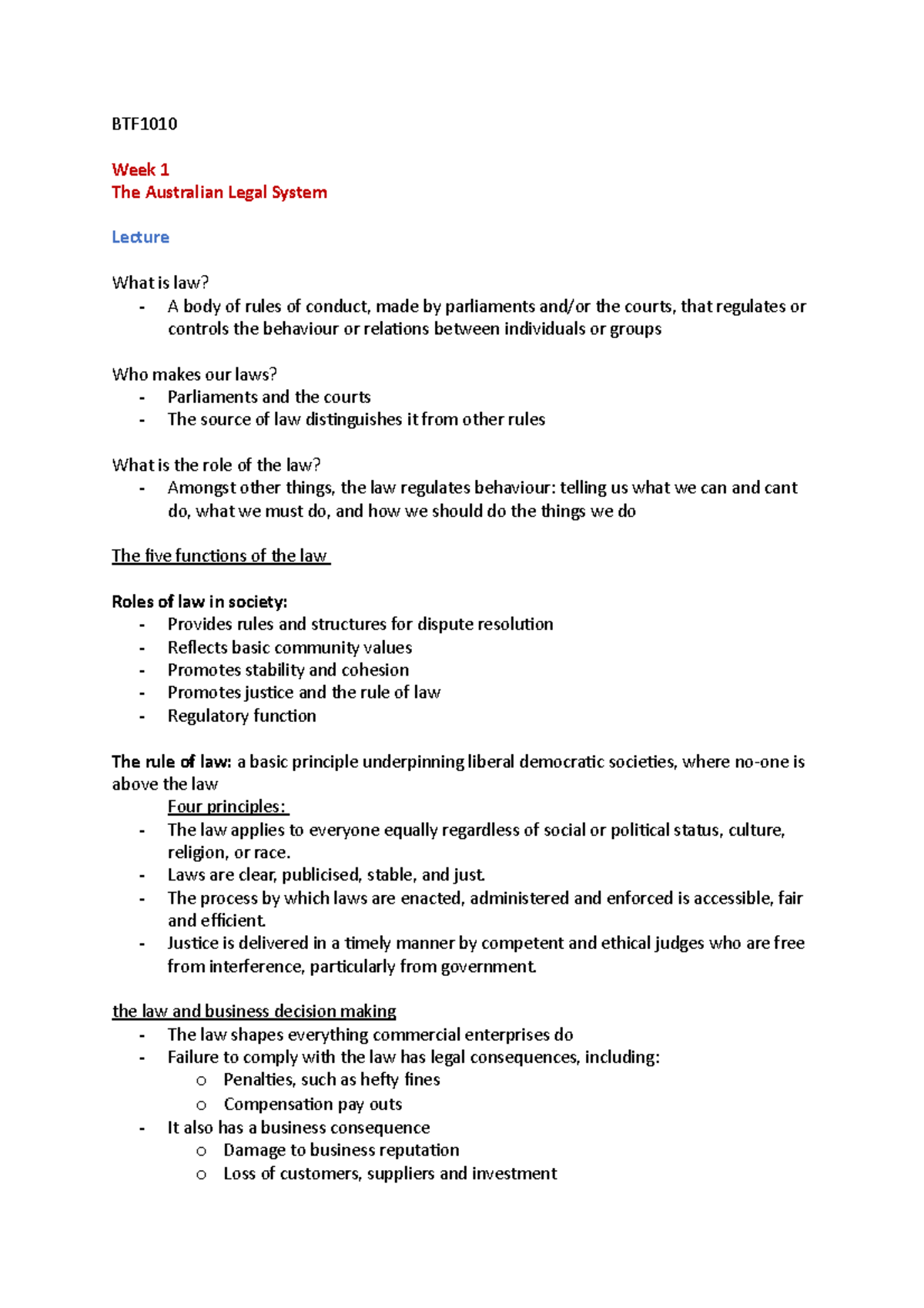 BTF1010 business law 2020 Semester 2 - BTF Week 1 The Australian Legal ...