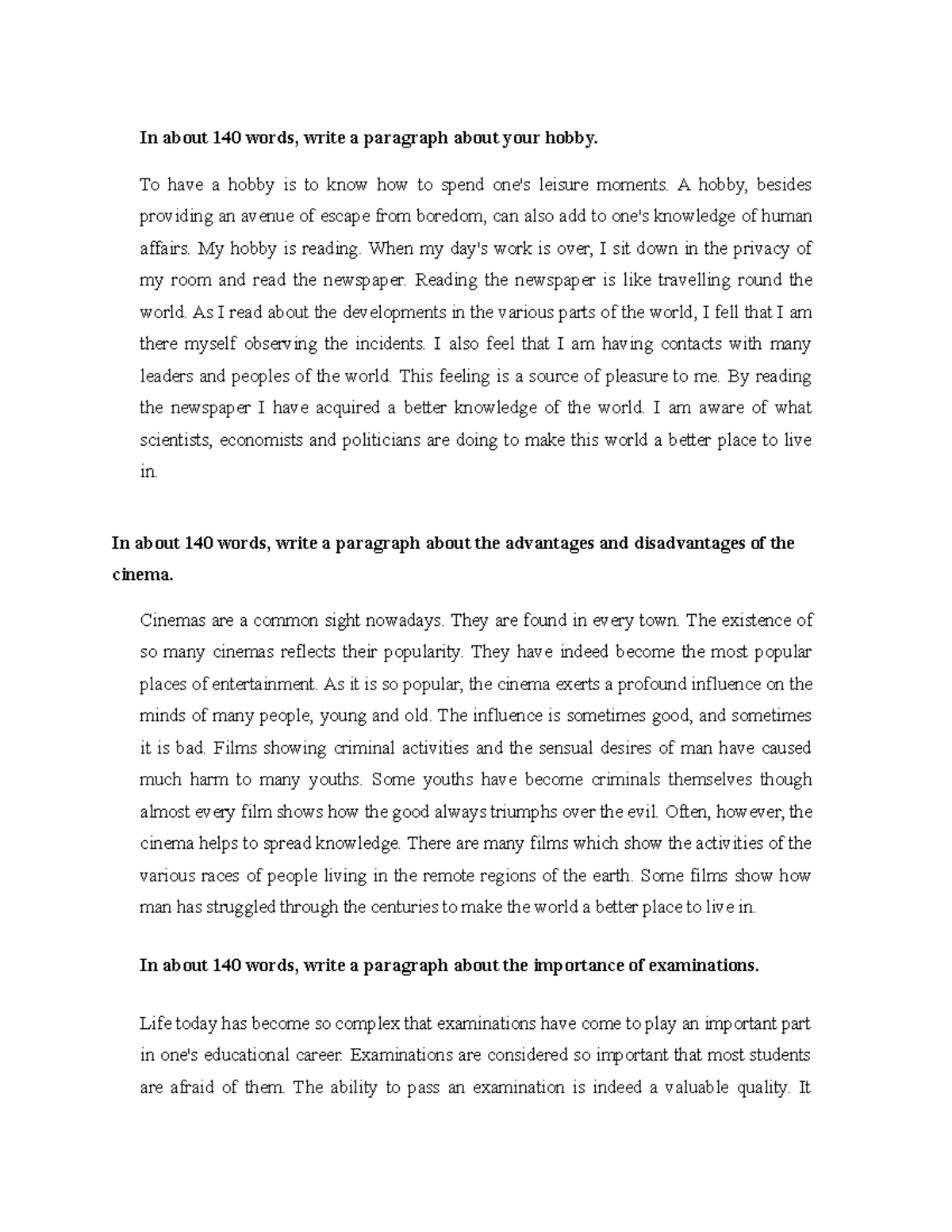 Students English In About 140 Words Write A Paragraph About Your 