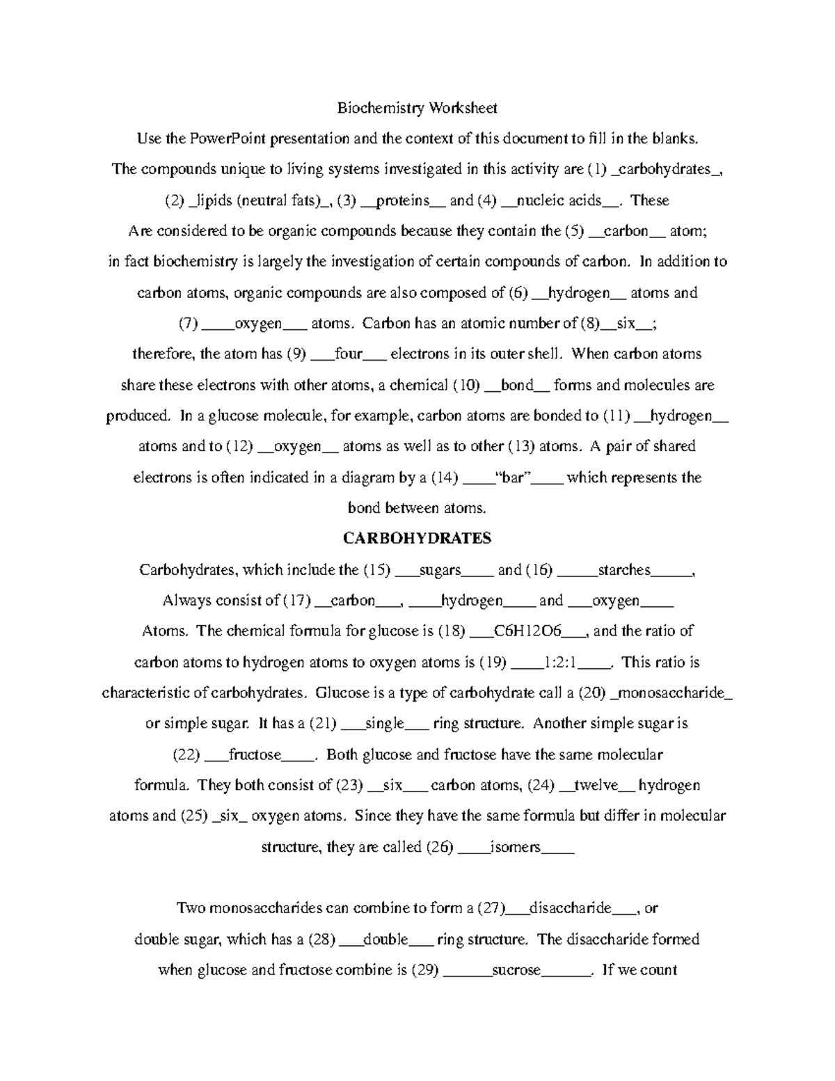 Biochemistry Worksheet - The compounds unique to living systems ...