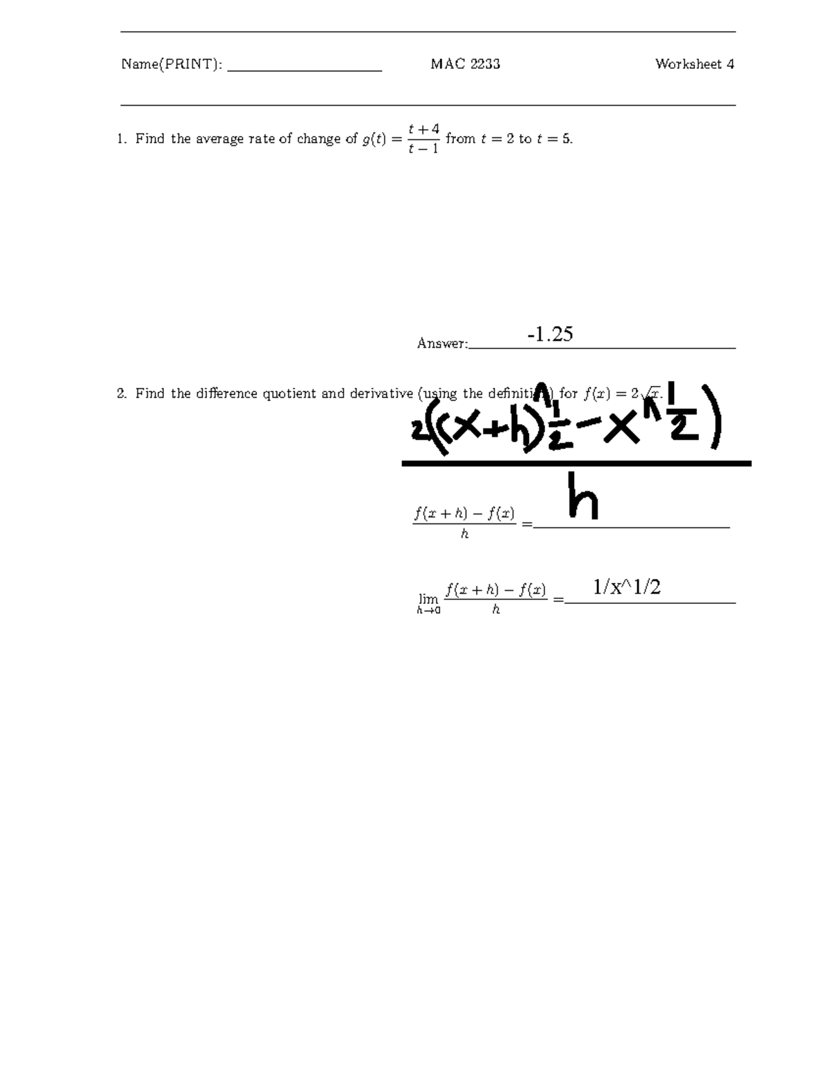 Worksheet 4-1 - this has helped - Name(PRINT): MAC 2233 Worksheet 4 t ...