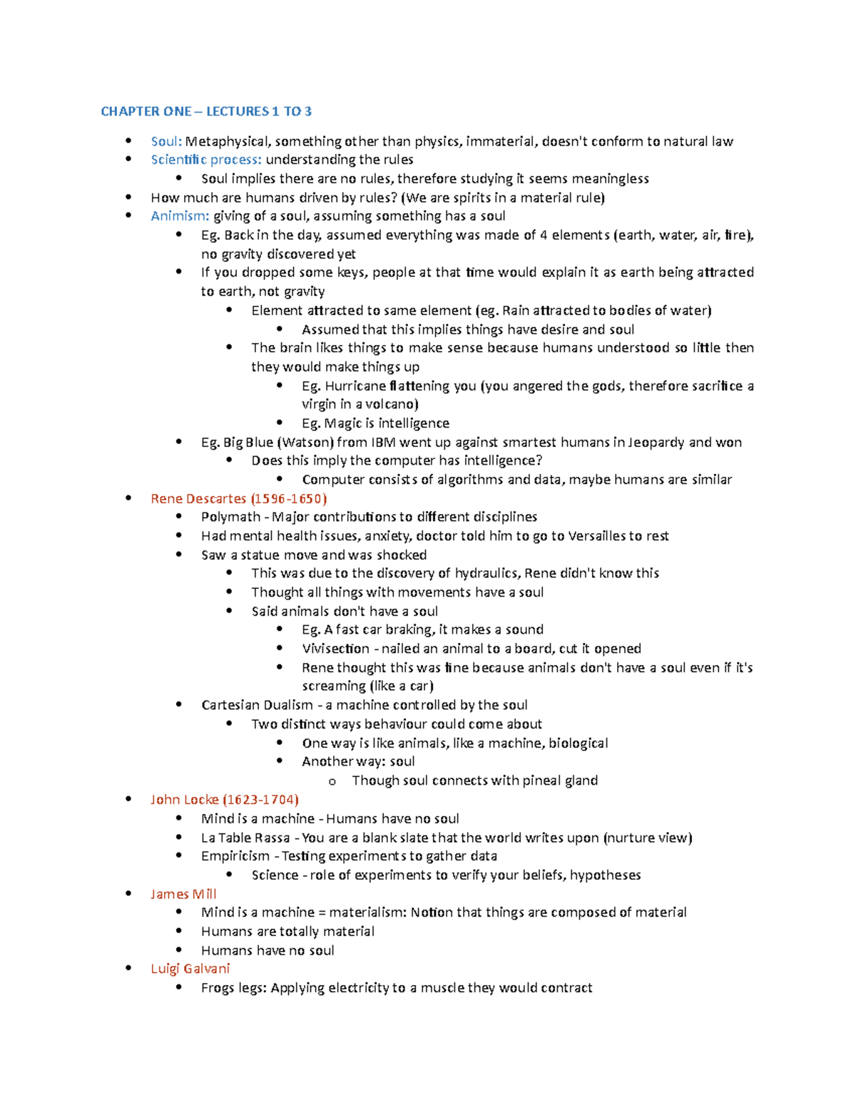 PSYA01 Chapter 1 Lecture Notes - CHAPTER ONE – LECTURES 1 TO 3 Soul ...