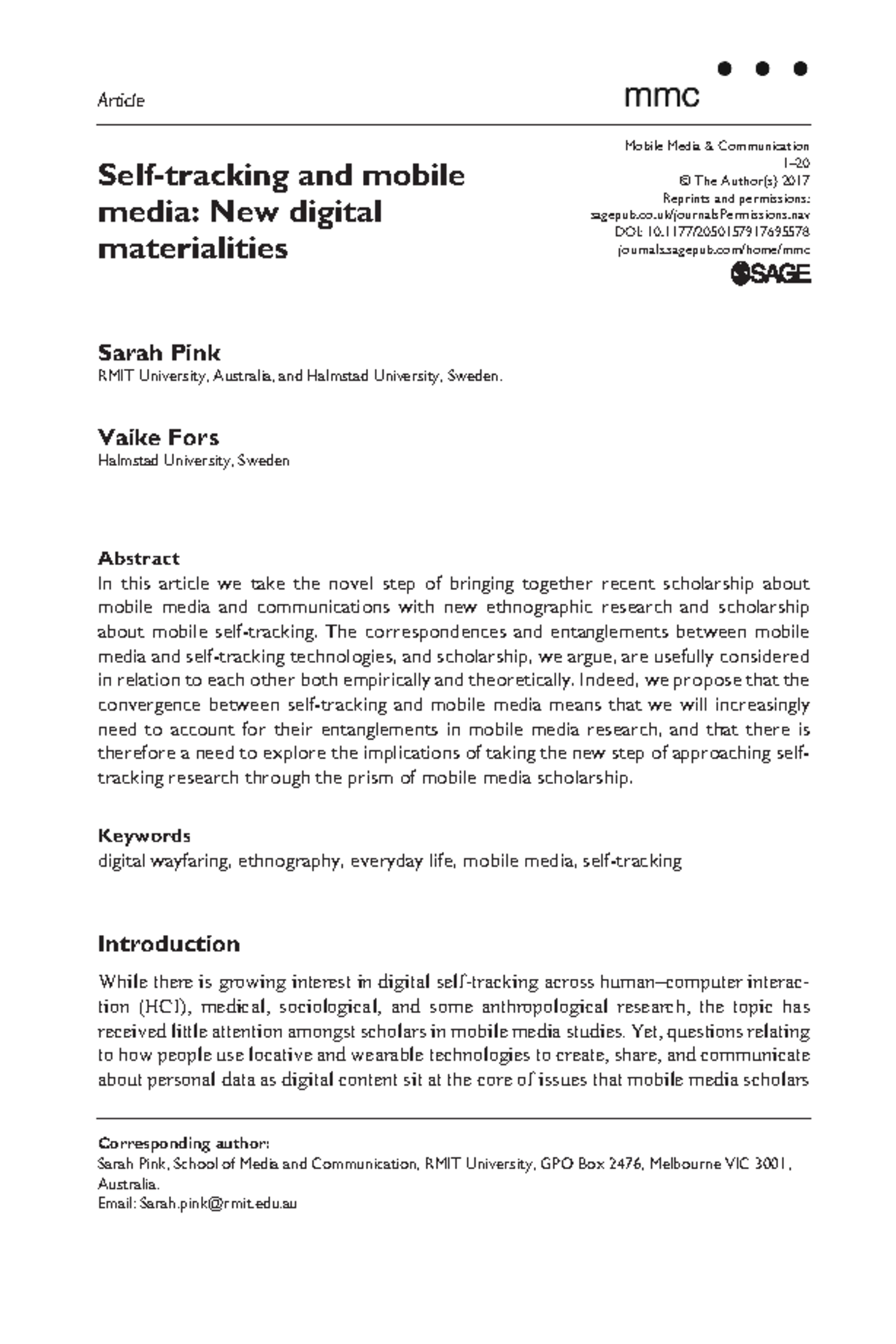 Self tracking and mobile media New digit doi/10.1177/ Mobile Media & Communication 1 © The