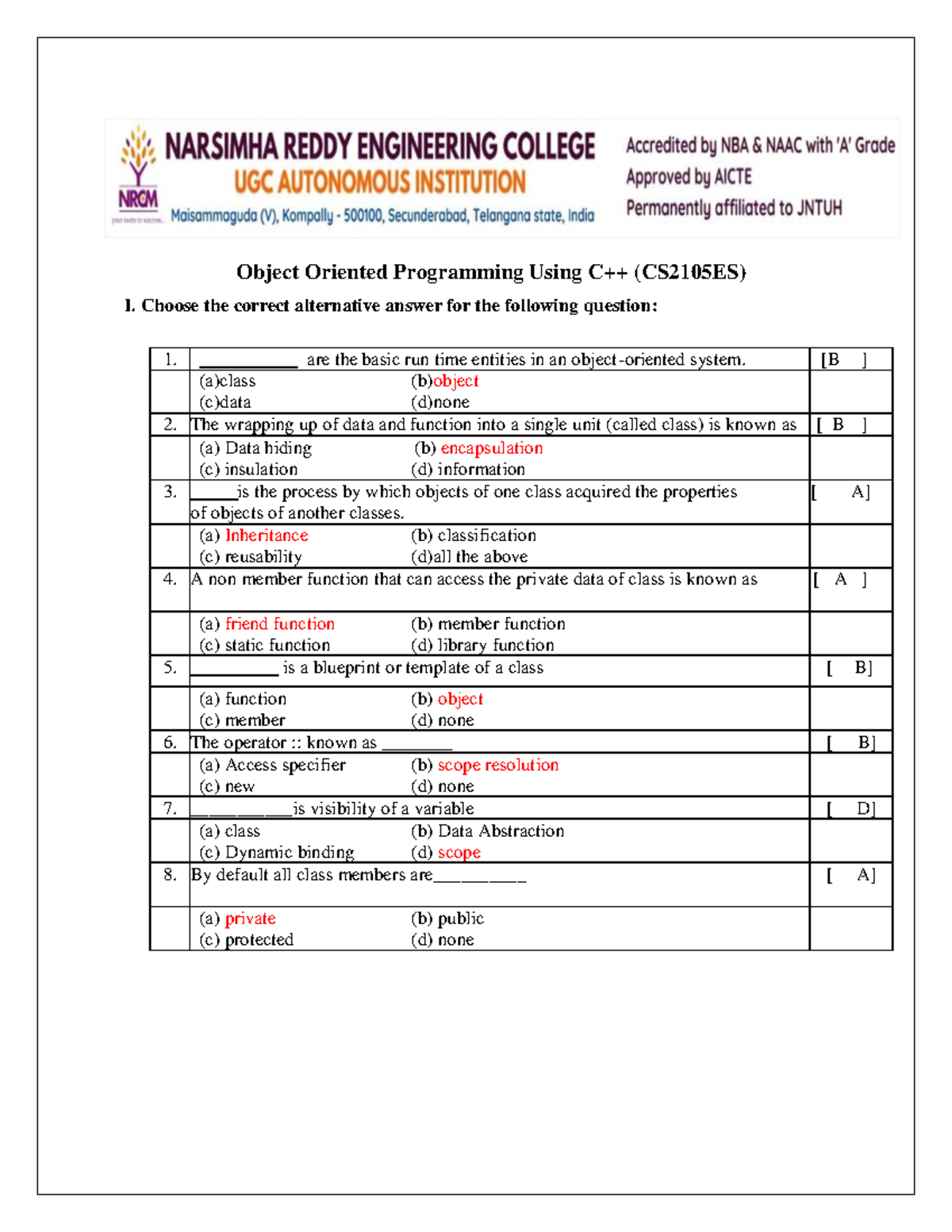 C++ Objective Questions UNIT-1,2,3 - Object Oriented Programming Using ...