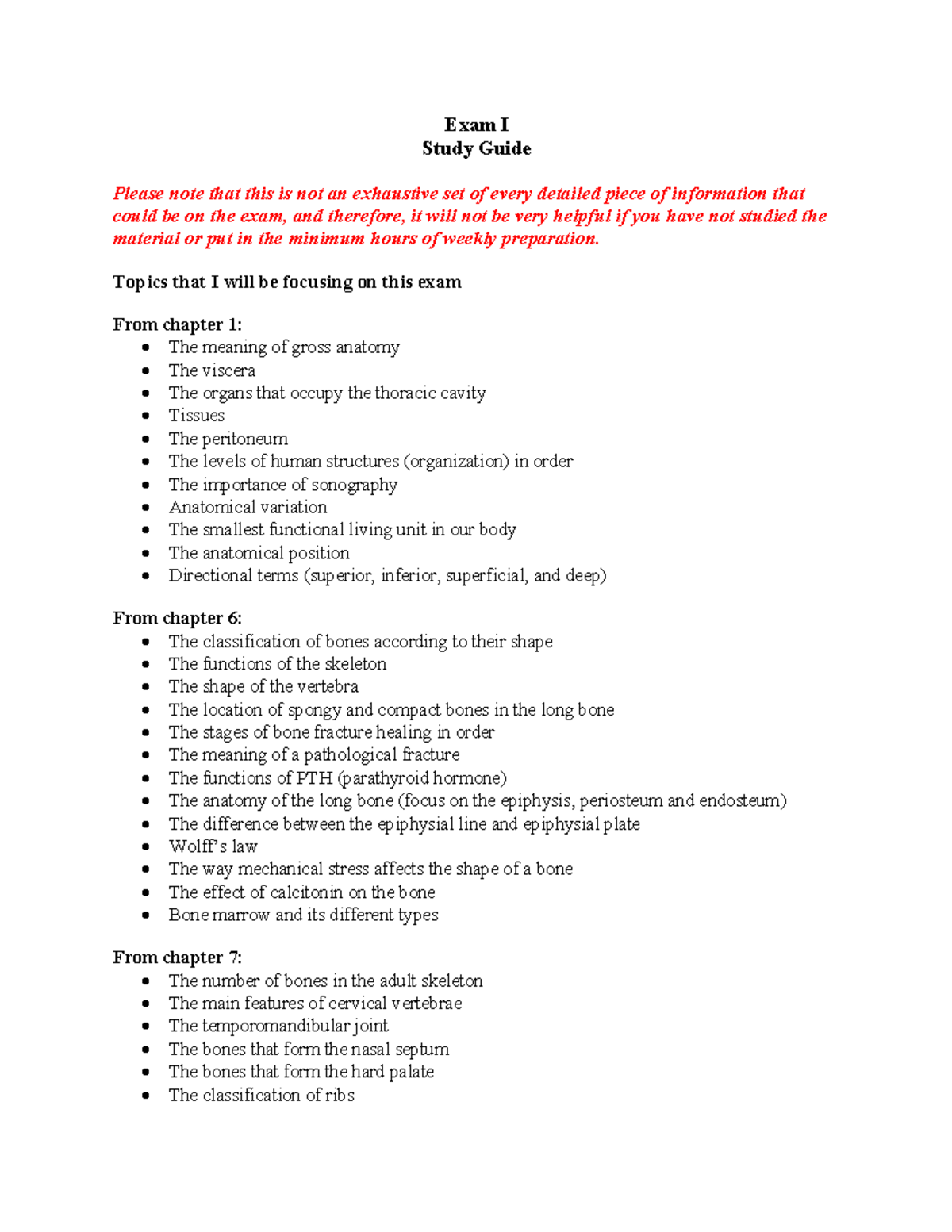 Exam I Study Guide Exam I Study Guide Please note that this is not an