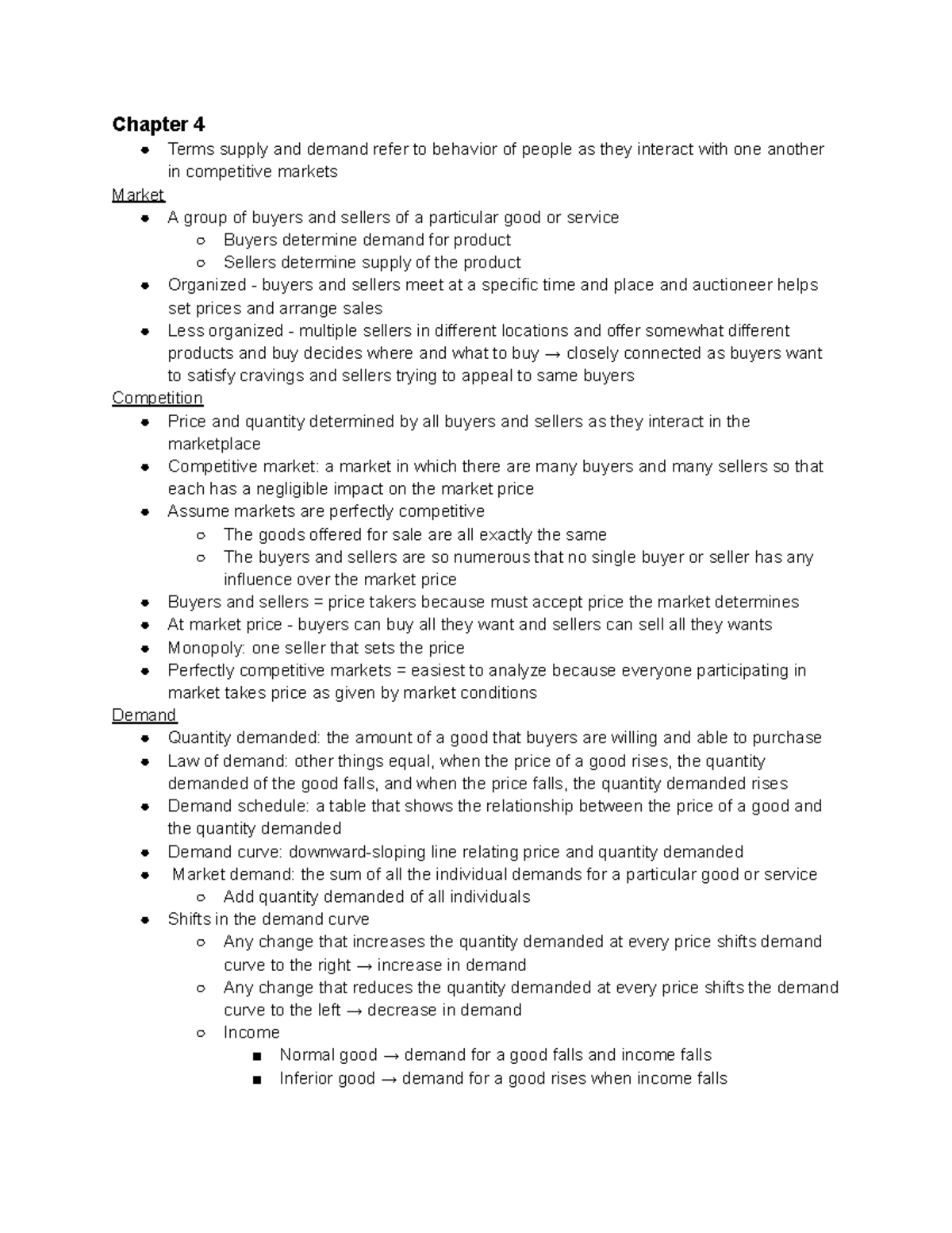 Economics Quiz 2 Notes - Chapter 4 Terms supply and demand refer to ...