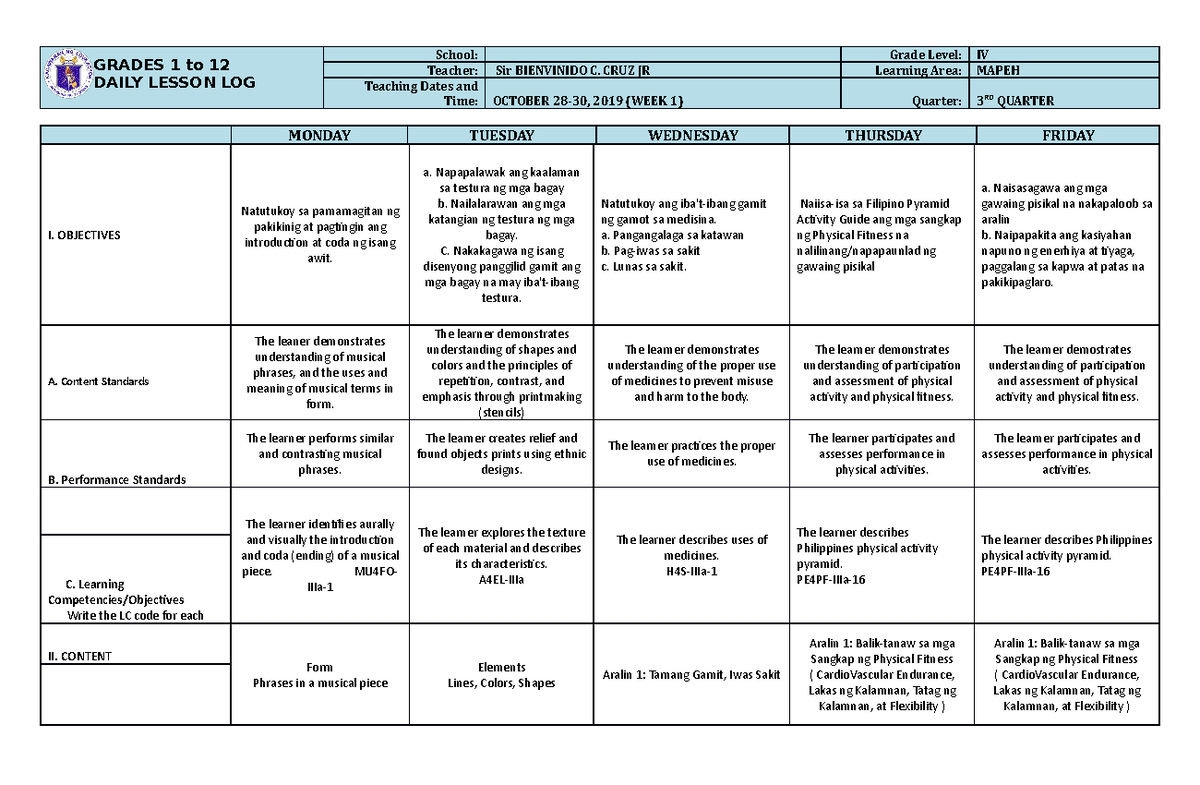 DLL Mapeh 4 Q3 W1 - None - GRADES 1 to 12 DAILY LESSON LOG School ...