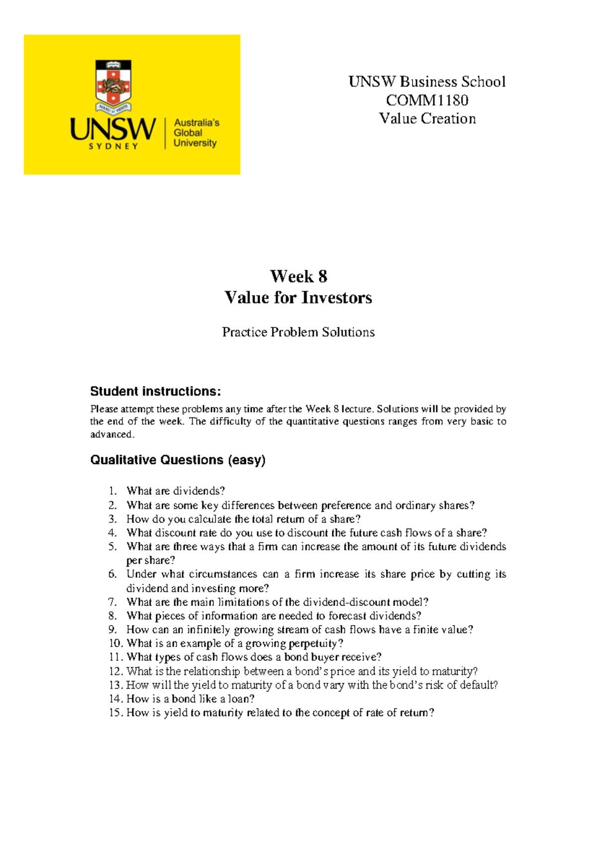 COMM1180 Week 08 - Practice Problem Solutions - Week 8 Value for ...