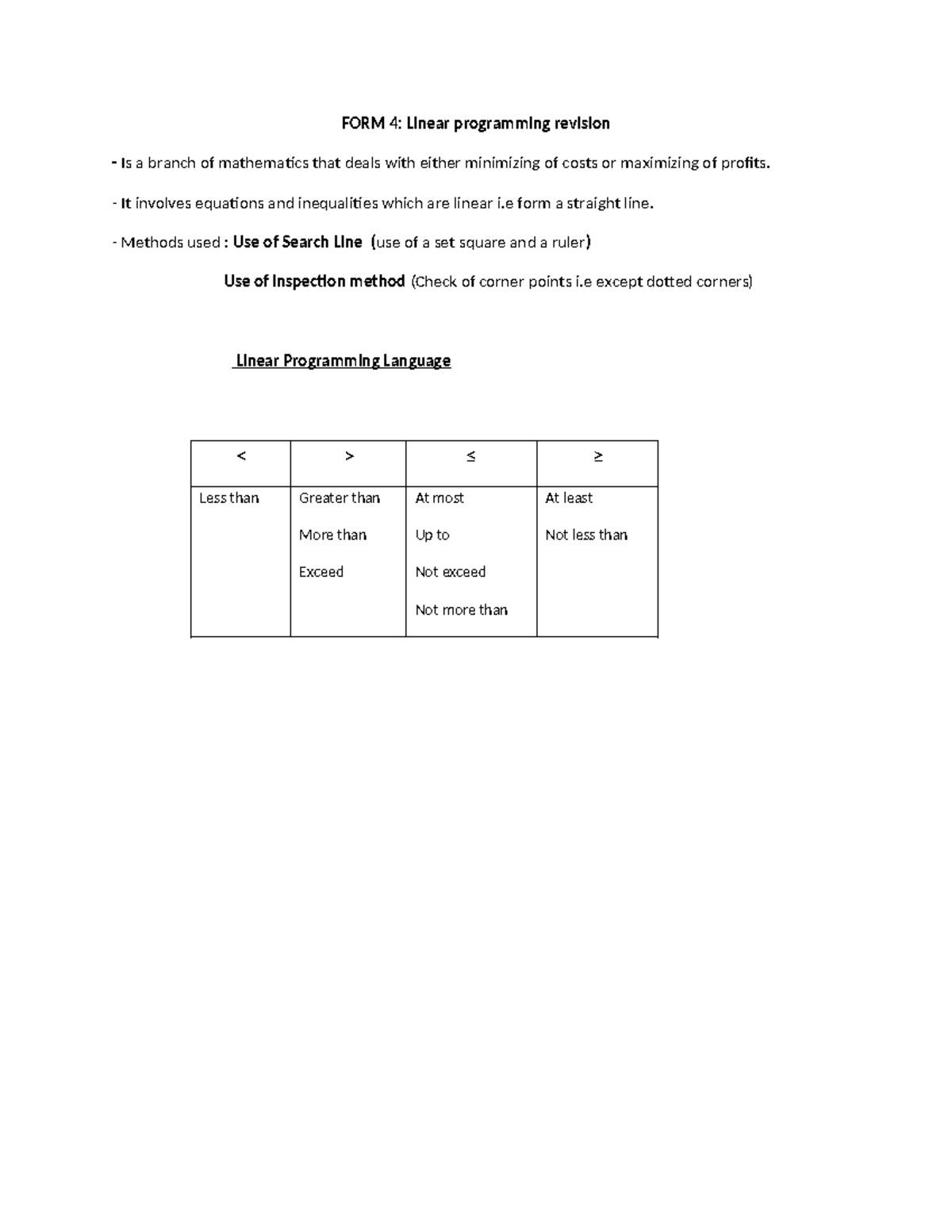 FORM 4 Linear-prog(1)) - FORM 4: Linear programming revision - Is a ...