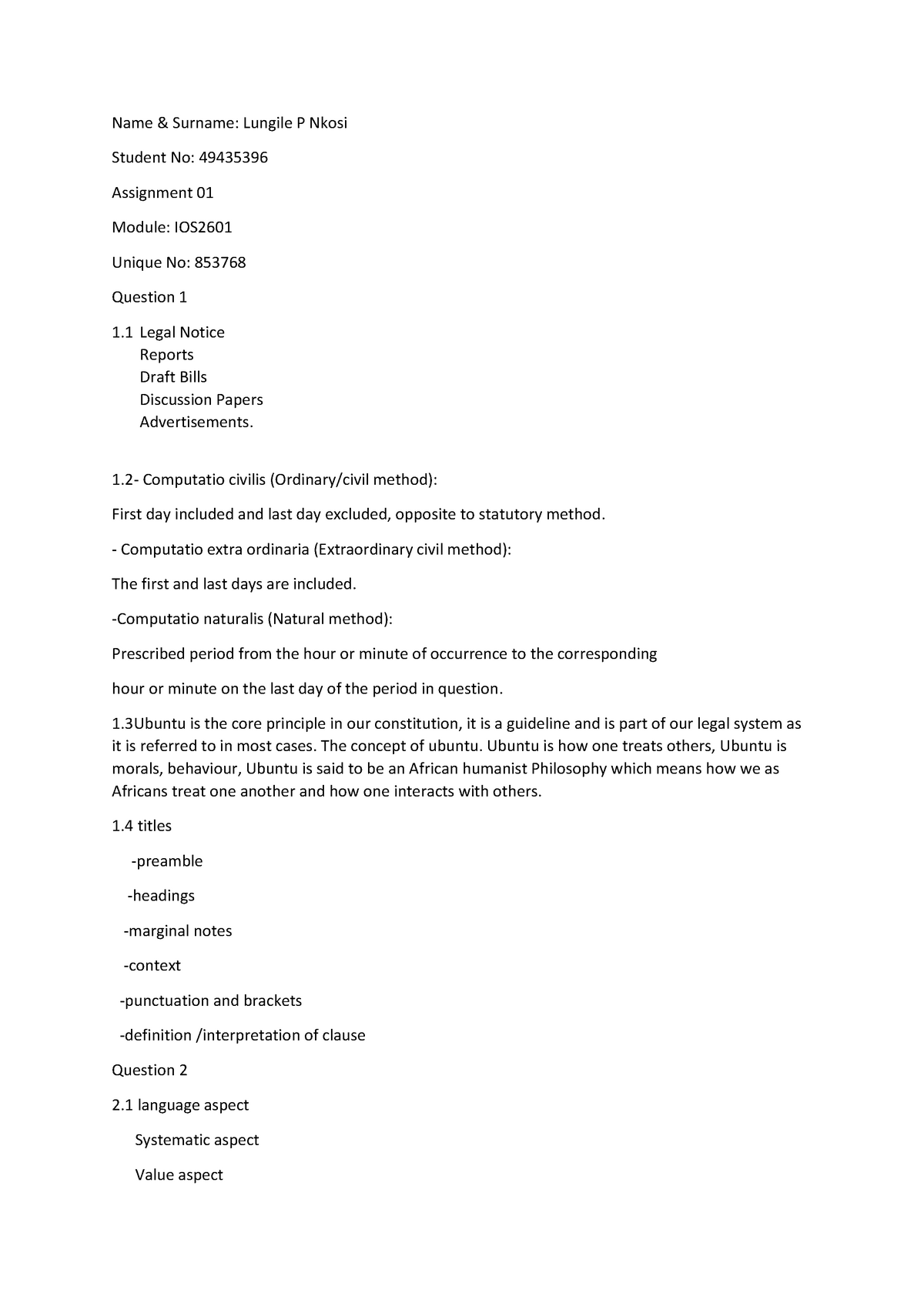 IOS assignment 01 - asignment notes - Name & Surname: Lungile P Nkosi ...