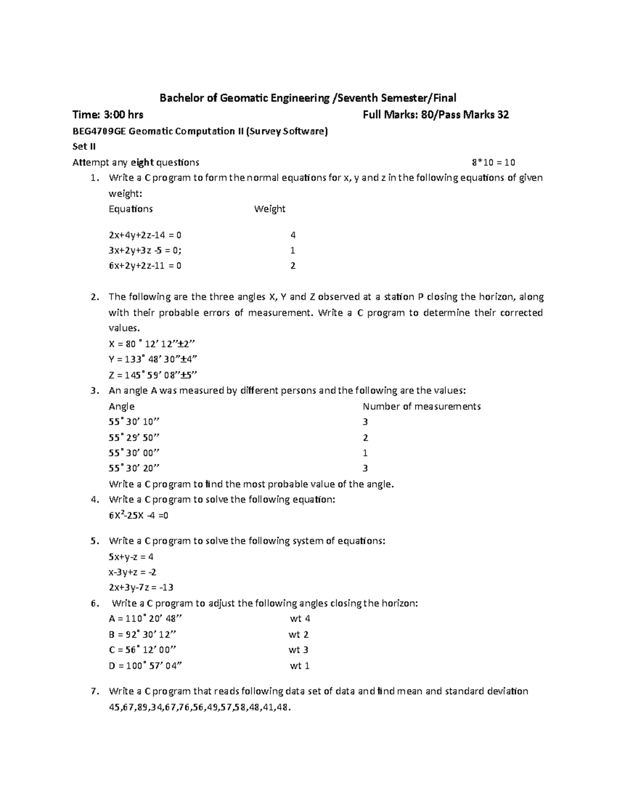 Geomatic Computation Internal Exam (2074) - Bachelor of Geomatic ...