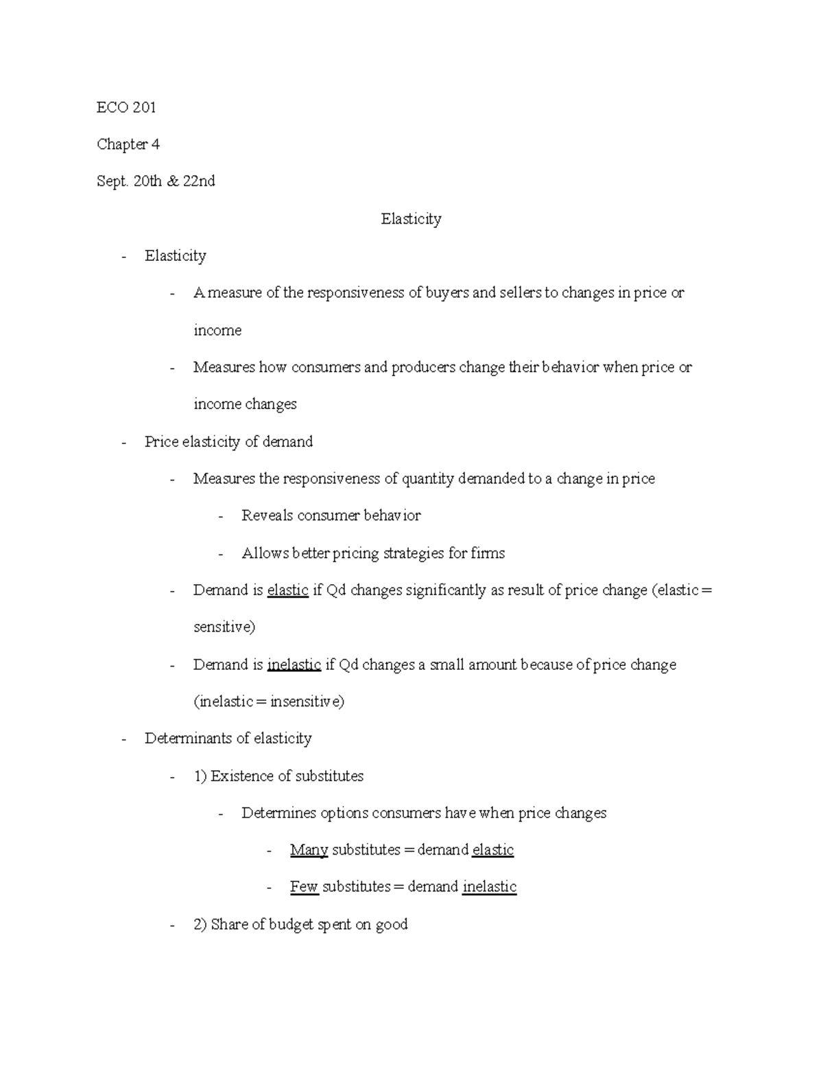 ECO 201 - Chapter 4 Elasticity - ECO 201 Chapter 4 Sept. 20th & 22nd ...
