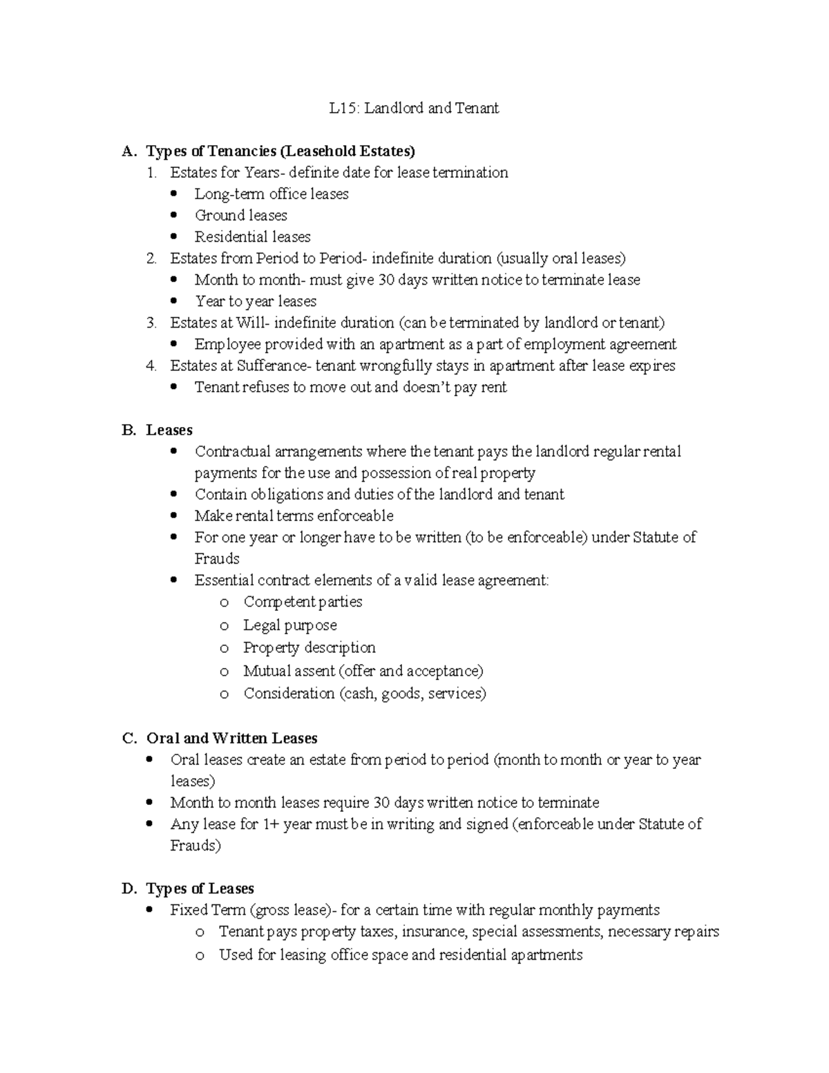 L15 Notes Landlord and Tenant L15 Landlord and Tenant A. Types of