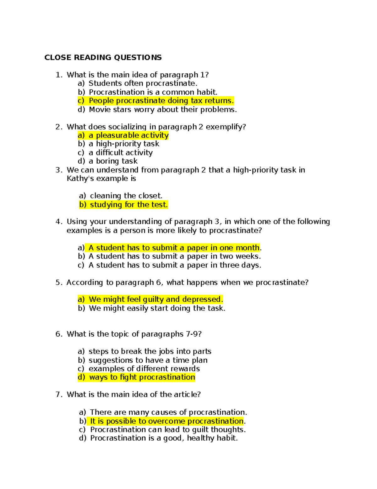 Questions for Procrastination - CLOSE READING QUESTIONS What is the ...