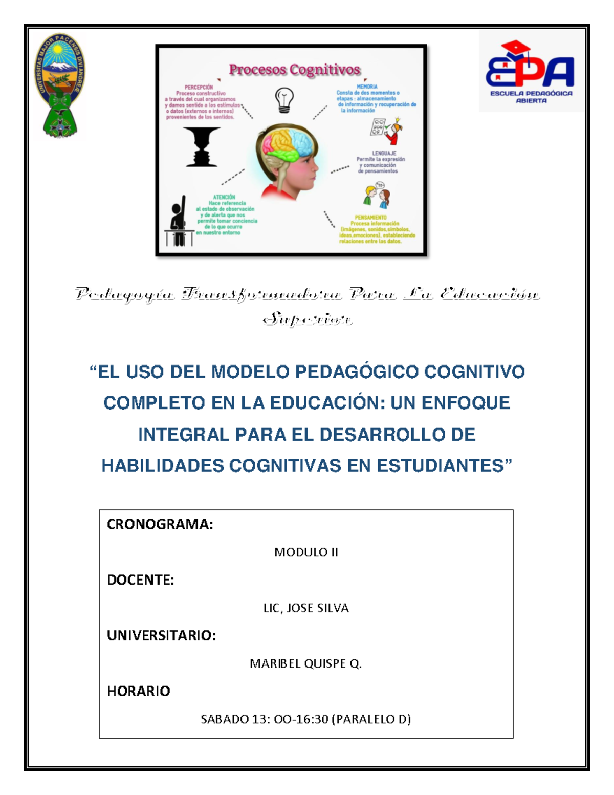 Modelo Pedagogico Cognitivo - “EL USO DEL MODELO PEDAGÓGICO COGNITIVO ...