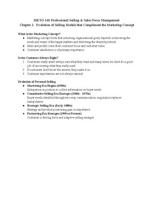 MKTG 160 - Chapter 5 Notes - MKTG 160 Professional Selling & Sales ...