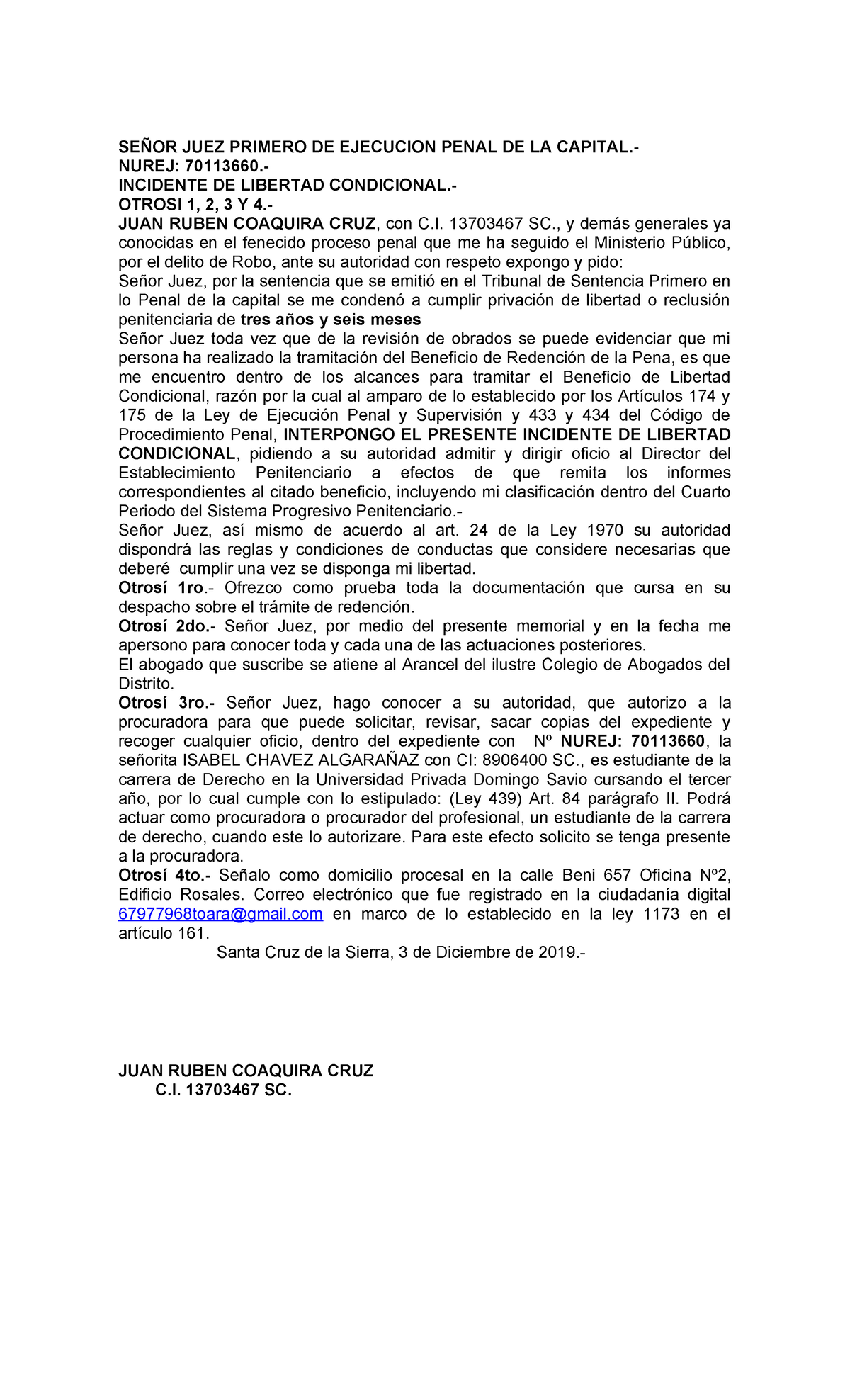 SEÑOR JUEZ Primero DE Ejecucion Penal DE LA Capital - SEÑOR JUEZ ...