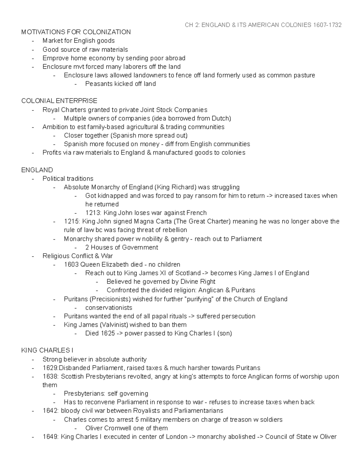 Ch 2 England And Its American Colonies 1607-1732 - MOTIVATIONS FOR ...