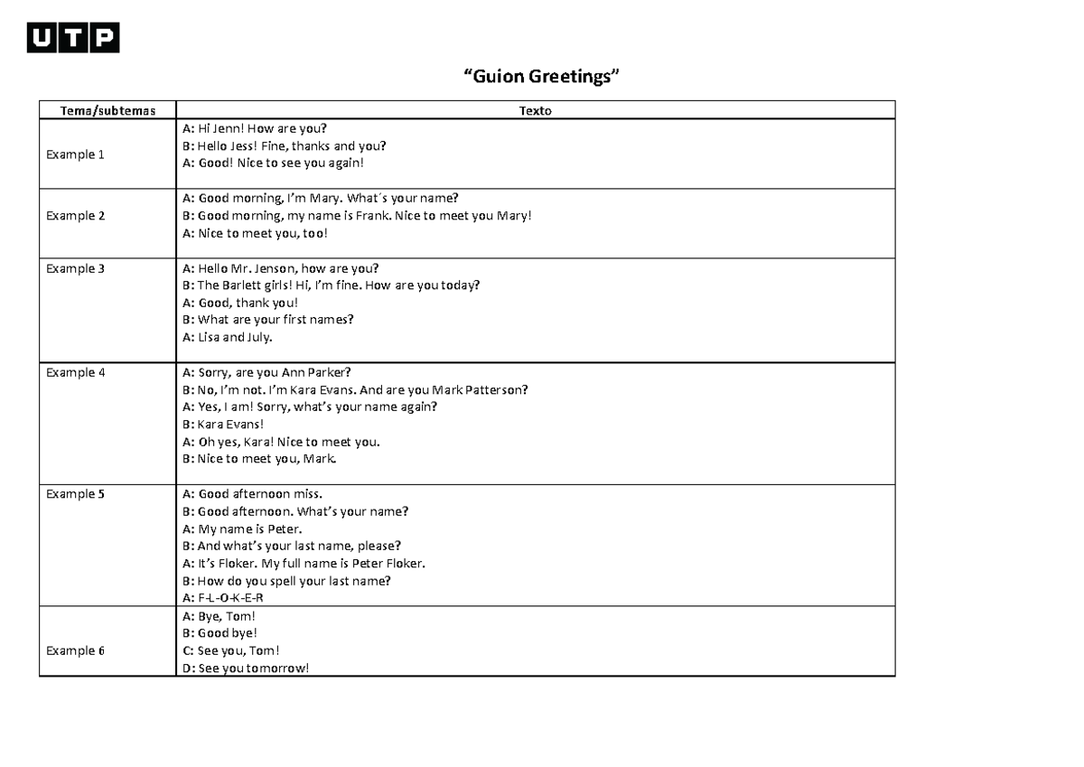 Week 1 - Transcript - Greetings - “Guion Greetings” Tema/subtemas Texto ...