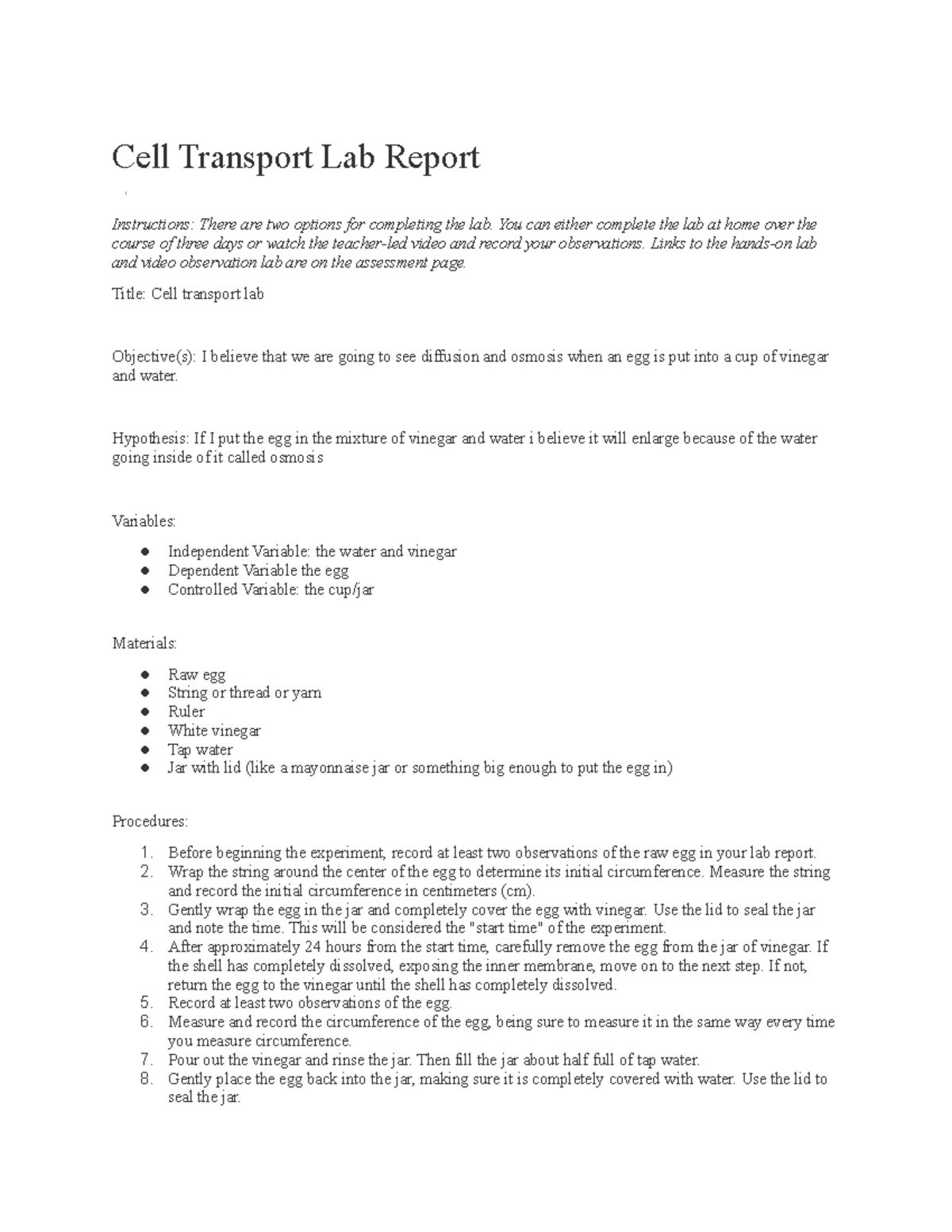 Cell Transport Lab Report Cell Transport Lab Report Instructions