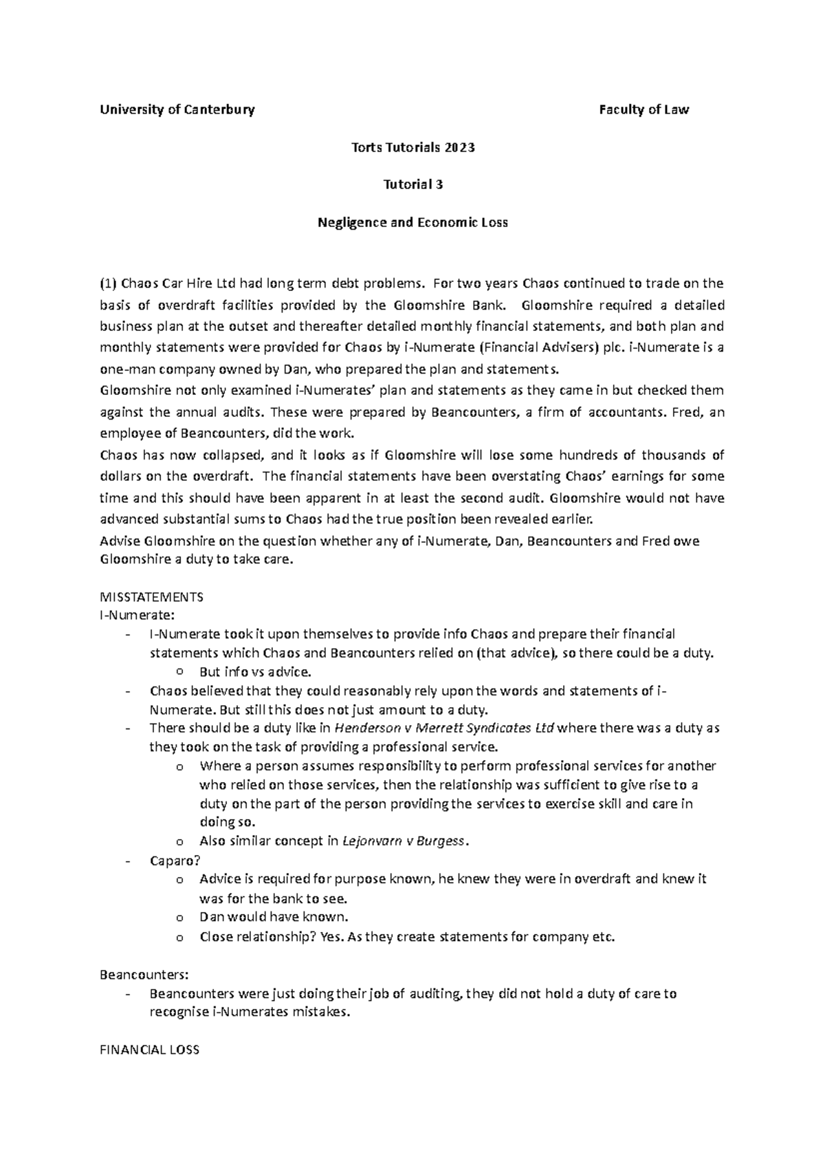 Tutorial 3 - Torts - University of Canterbury Faculty of Law Torts ...