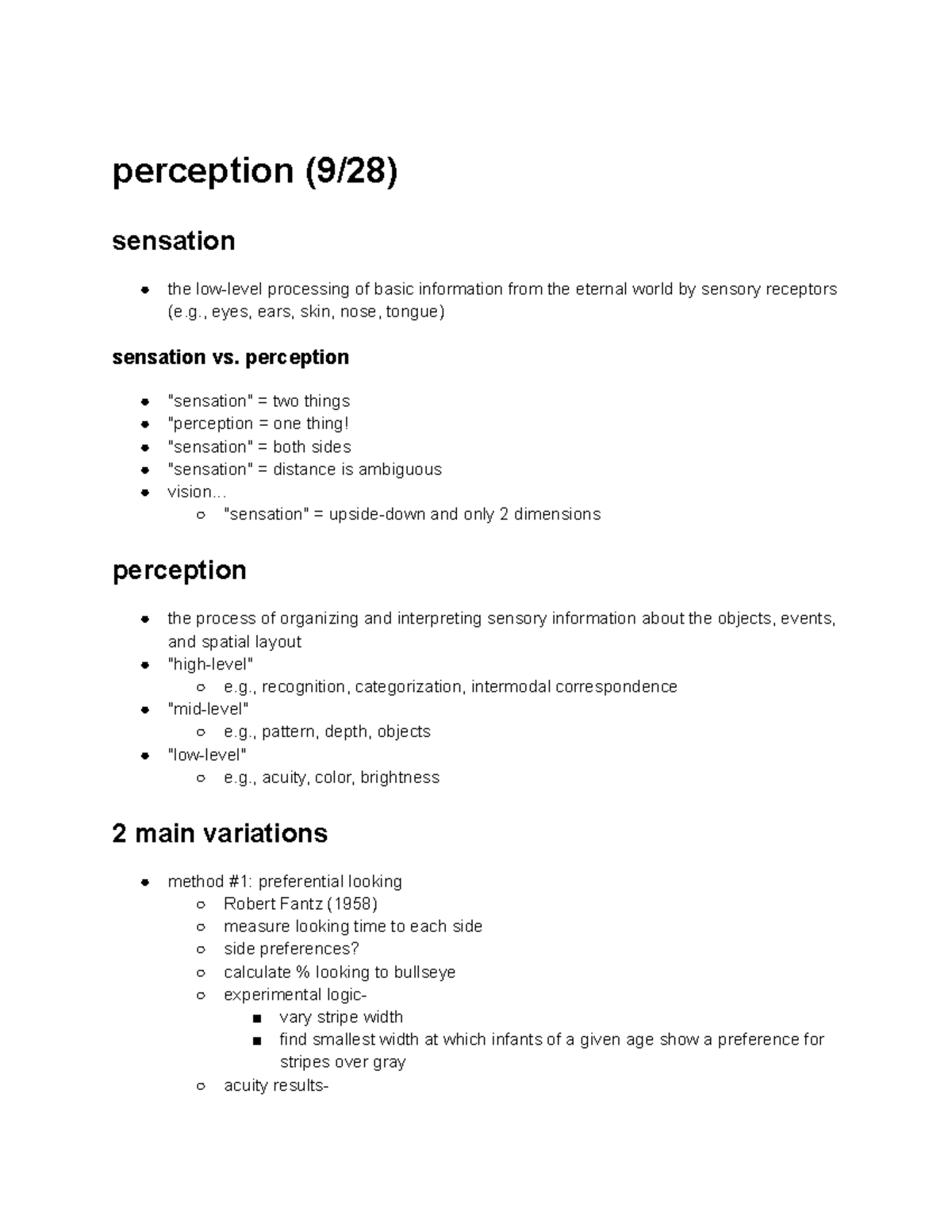 Perception - Lecture notes 4 - perception sensation the processing of ...