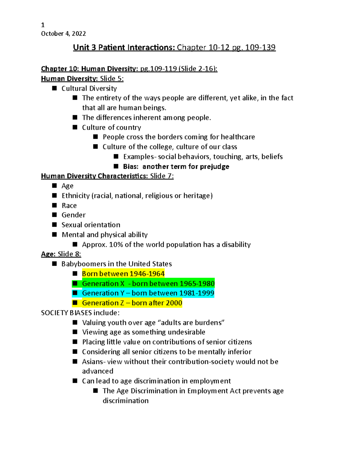 Unit 3 Patient Interactions Notes - October 4, 2022 Unit 3 Patient ...