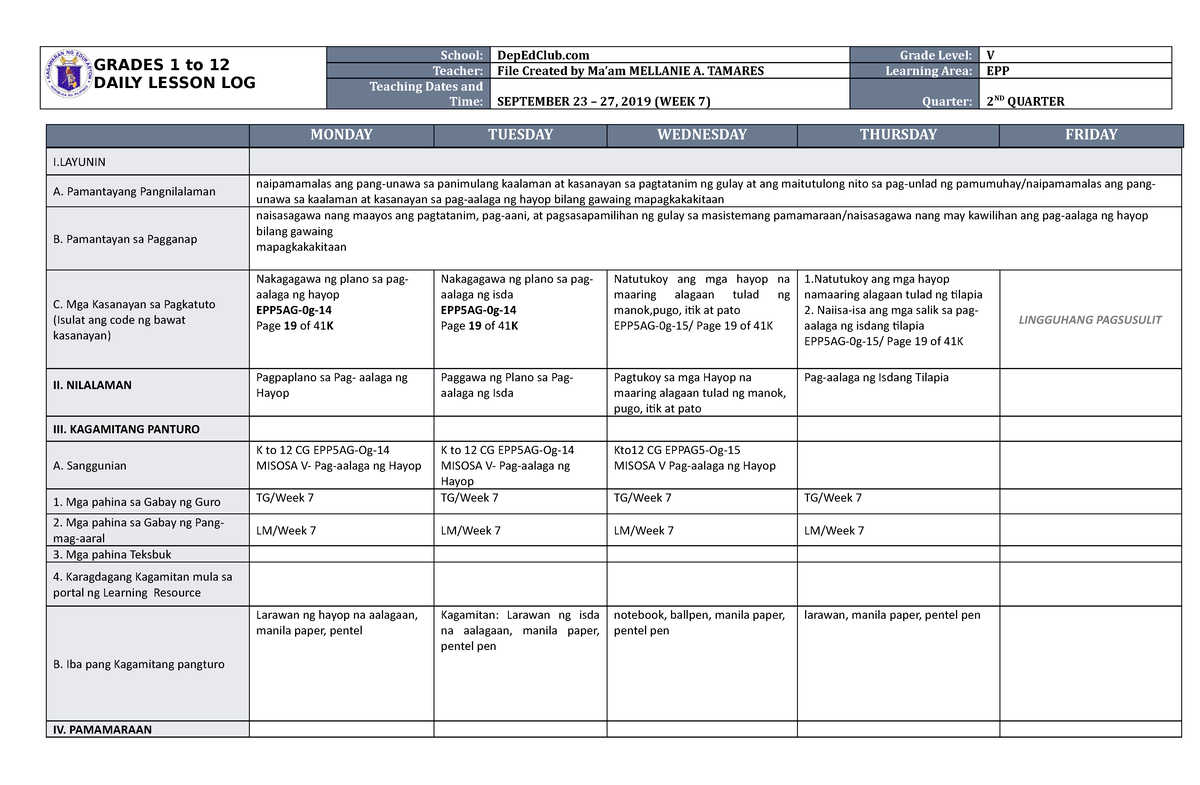 DLL EPP 5 Q2 W7 - Dll Epp 5 Q2 Week 7 - GRADES 1 To 12 DAILY LESSON LOG ...