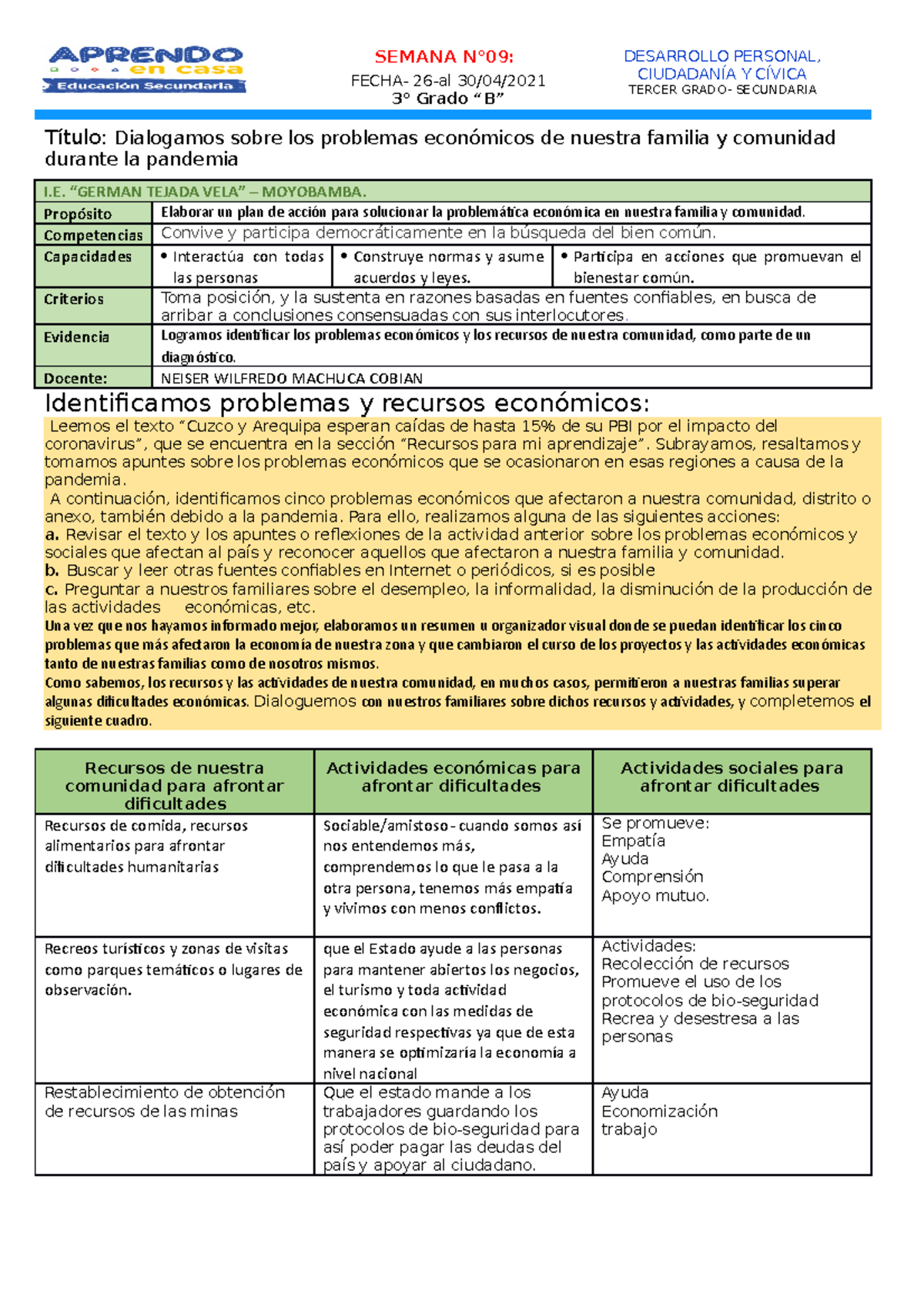 Semana- 09-DPCC 3° - TRYTY YRYY - SEMANA N°09: DESARROLLO PERSONAL ...