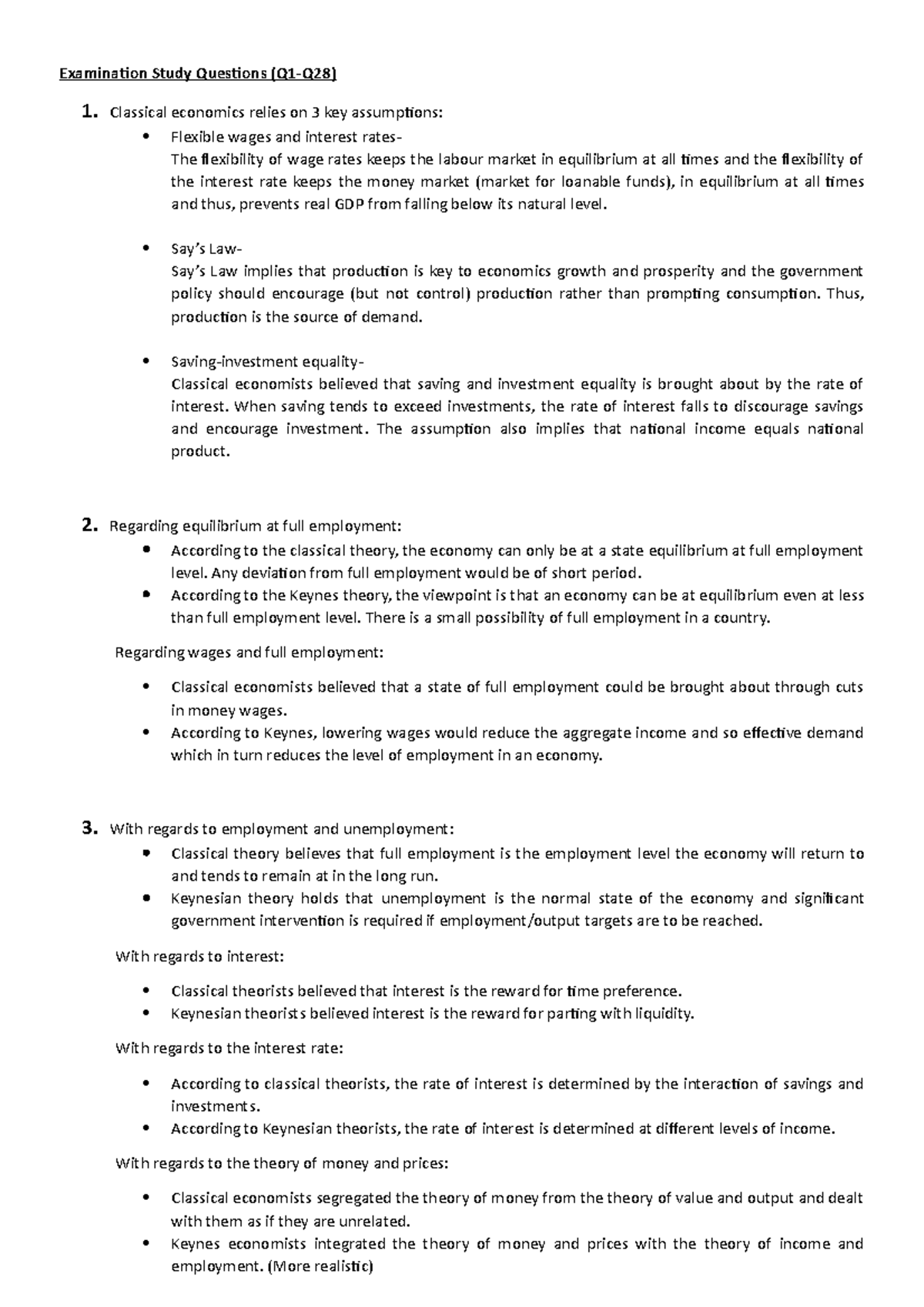 Examination Study Questions - Classical economics relies on 3 key ...