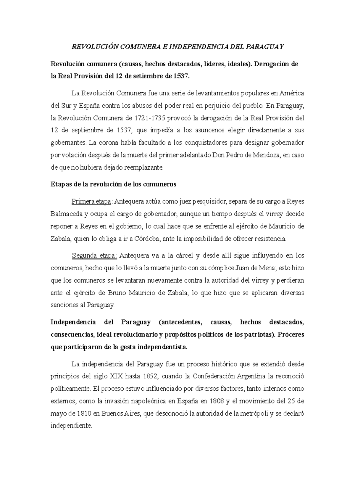 Revolución Comunera E Independencia DEL Paraguay REVOLUCIÓN COMUNERA