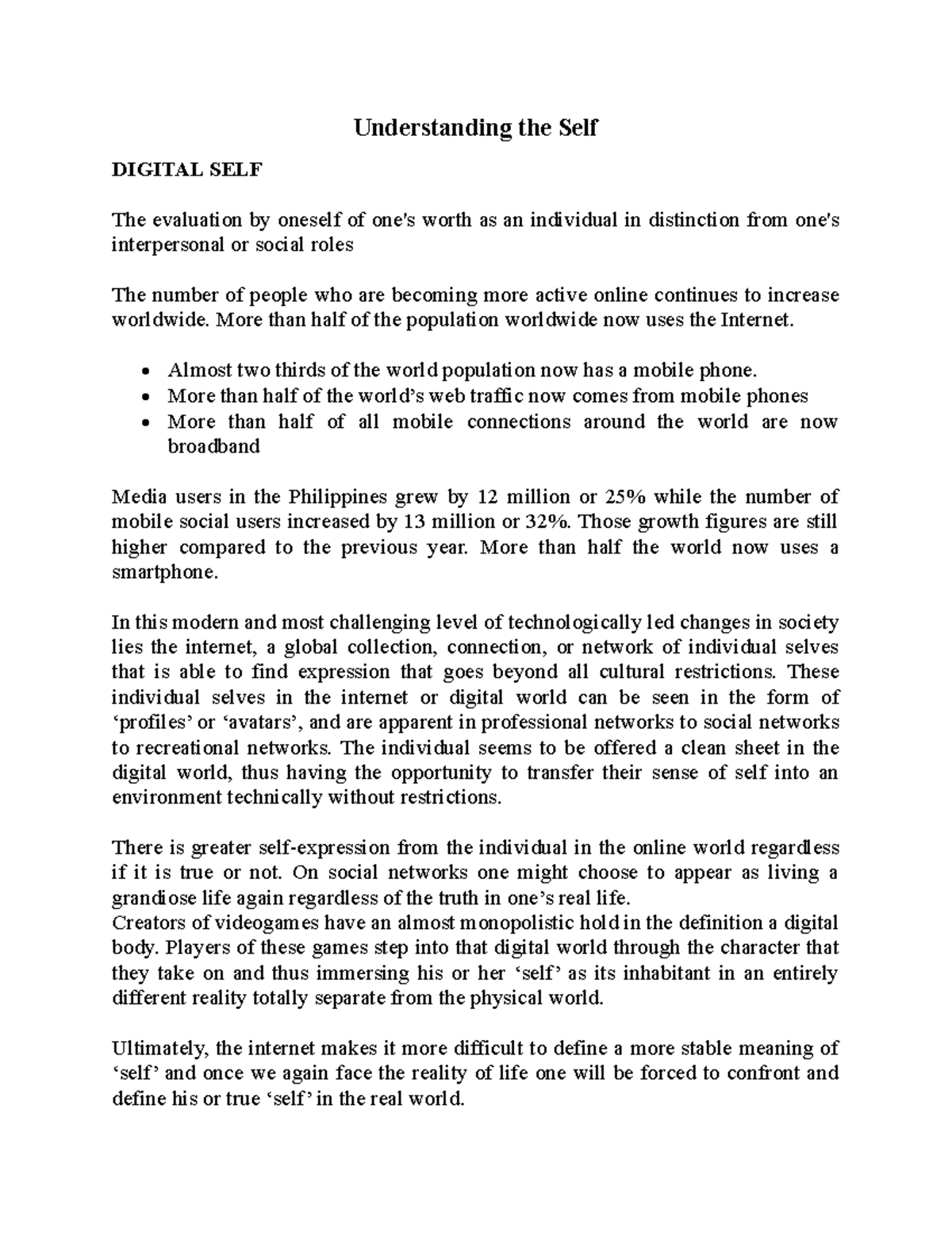 Digital SELF Summary Understanding the Self DIGITAL SELF The evaluation by oneself of one's