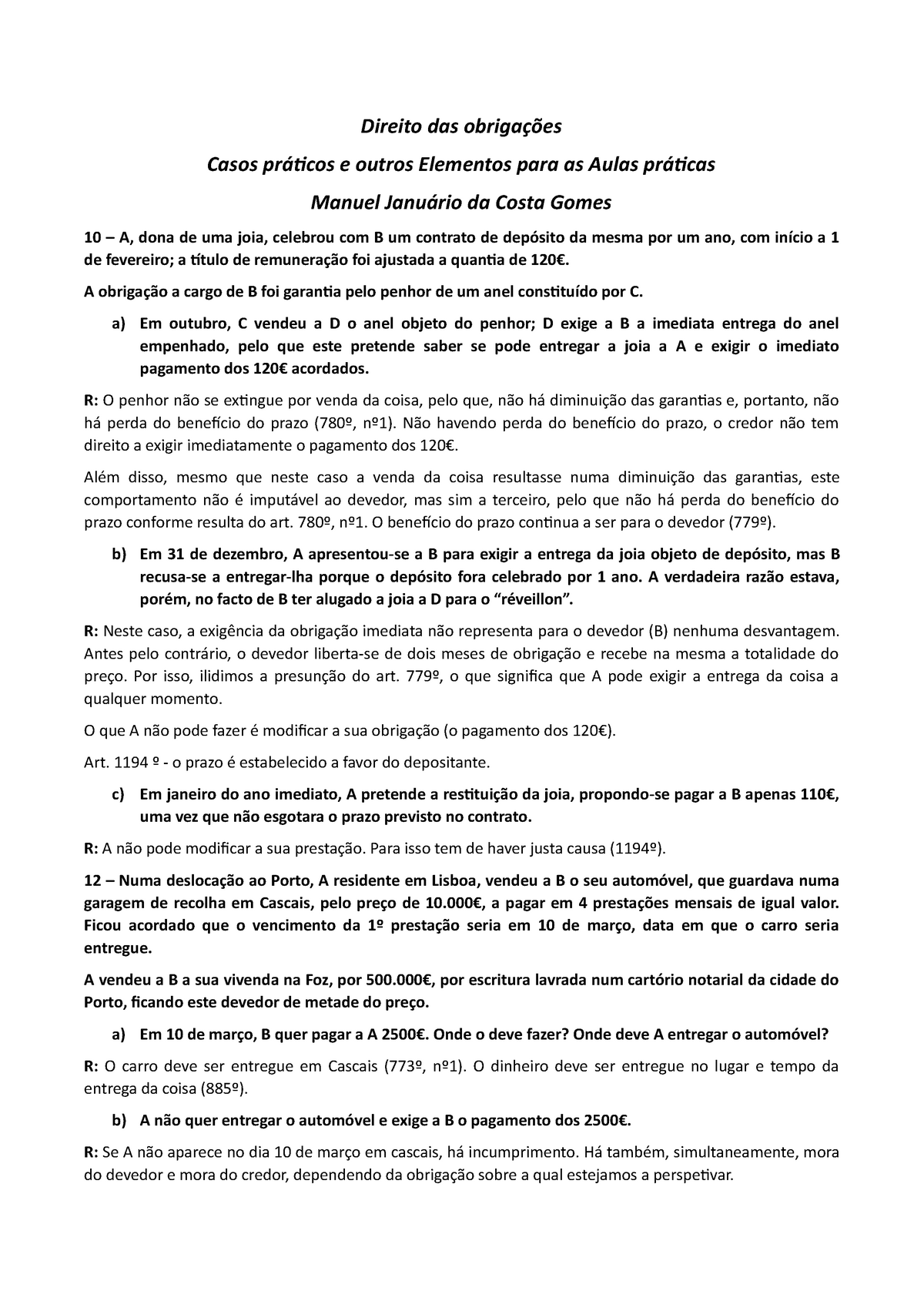 Casos Práticos Direito Das Obrigações Direito Das Obrigações Casos Práticos E Outros Elementos 5667