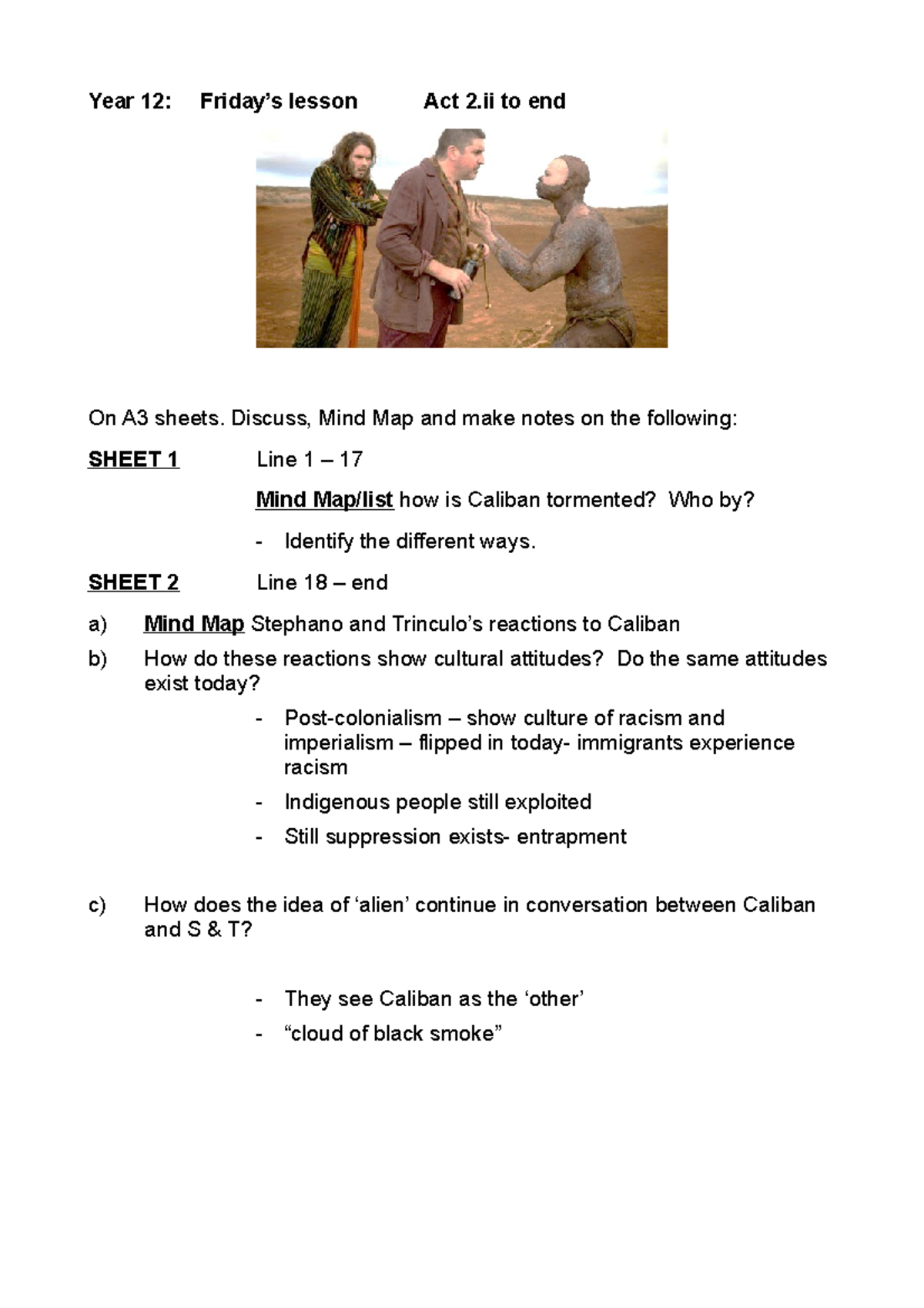 Caliban and the Rabble Act 2 Activities - Year 12: Friday’s lesson Act ...