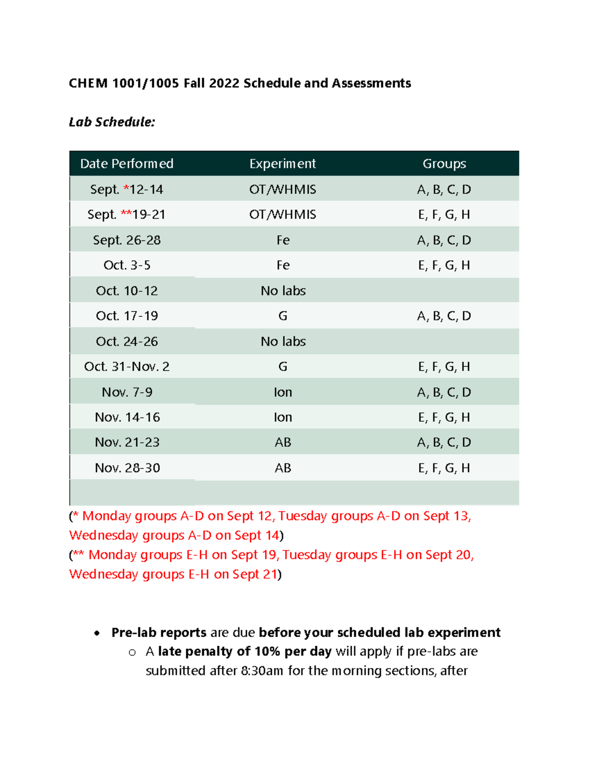 Chem Lab Schedule CHEM 1001/1005 Fall 2022 Schedule and Assessments