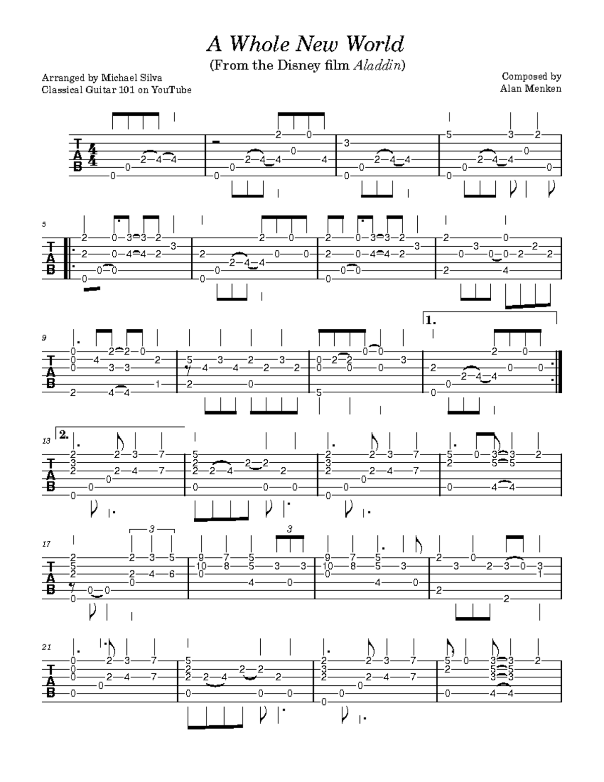 A Whole New World Tab - Arranged by Michael Silva Classical Guitar 101 ...