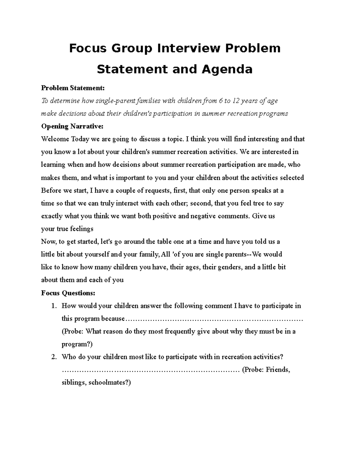 Case study 3 - Focus Group Interview Problem Statement and Agenda ...