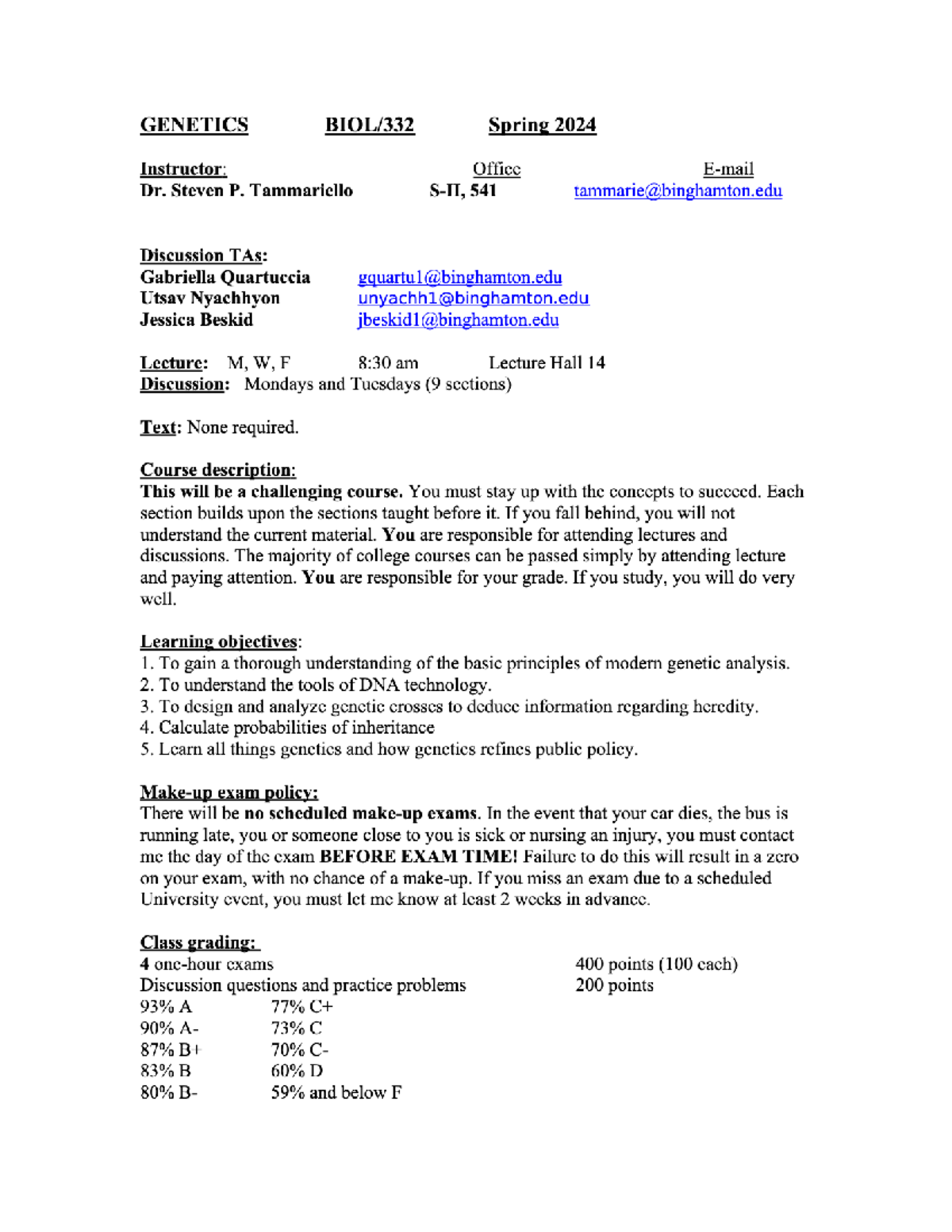 Syllabus Overview - Spring 2024 Genetics (LEC) (BIOL-332-A 0) - Biol ...