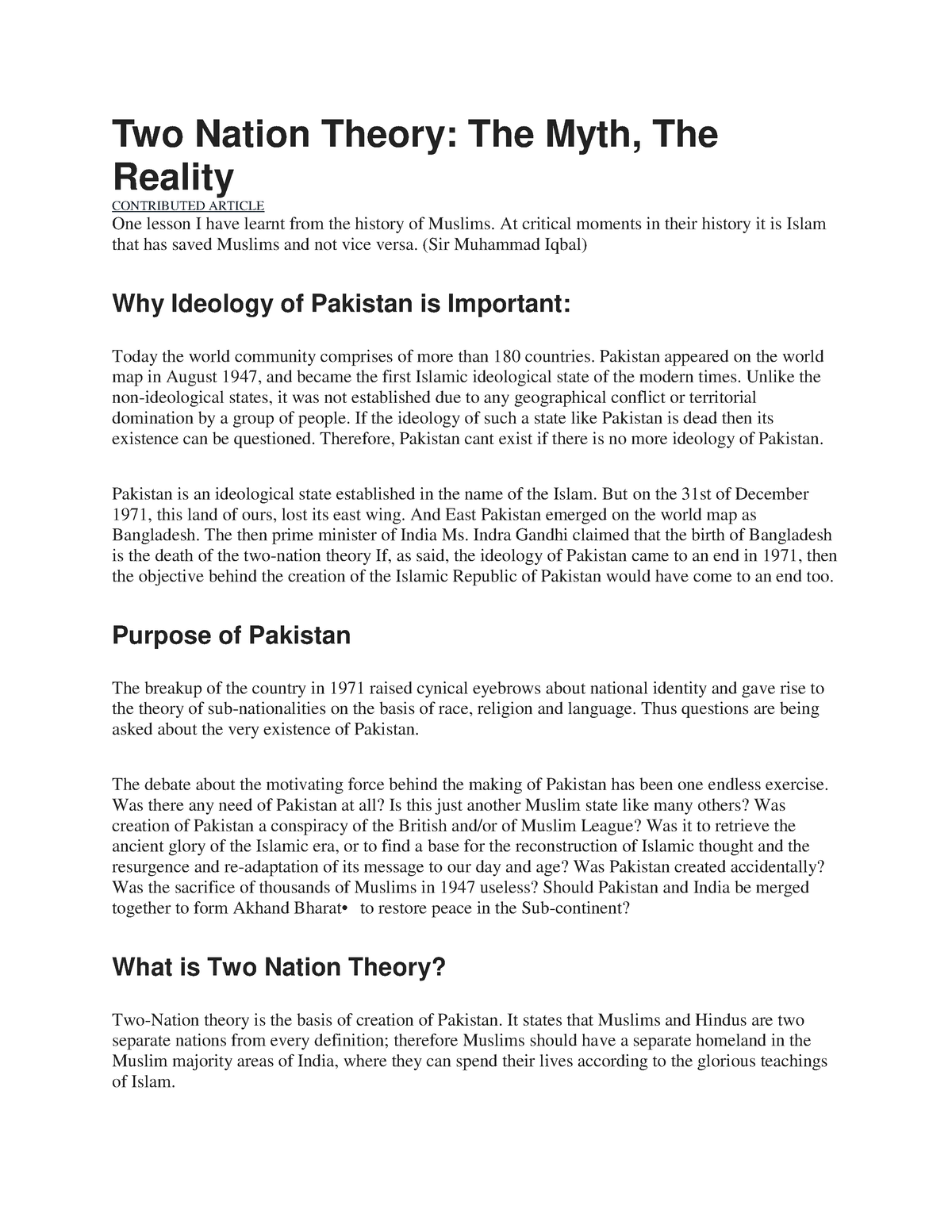 essay on two nation theory